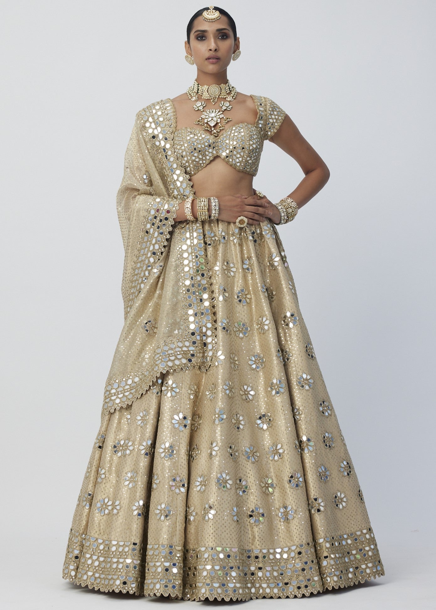 Golden Shimmer Organza Flower Lehenga Set