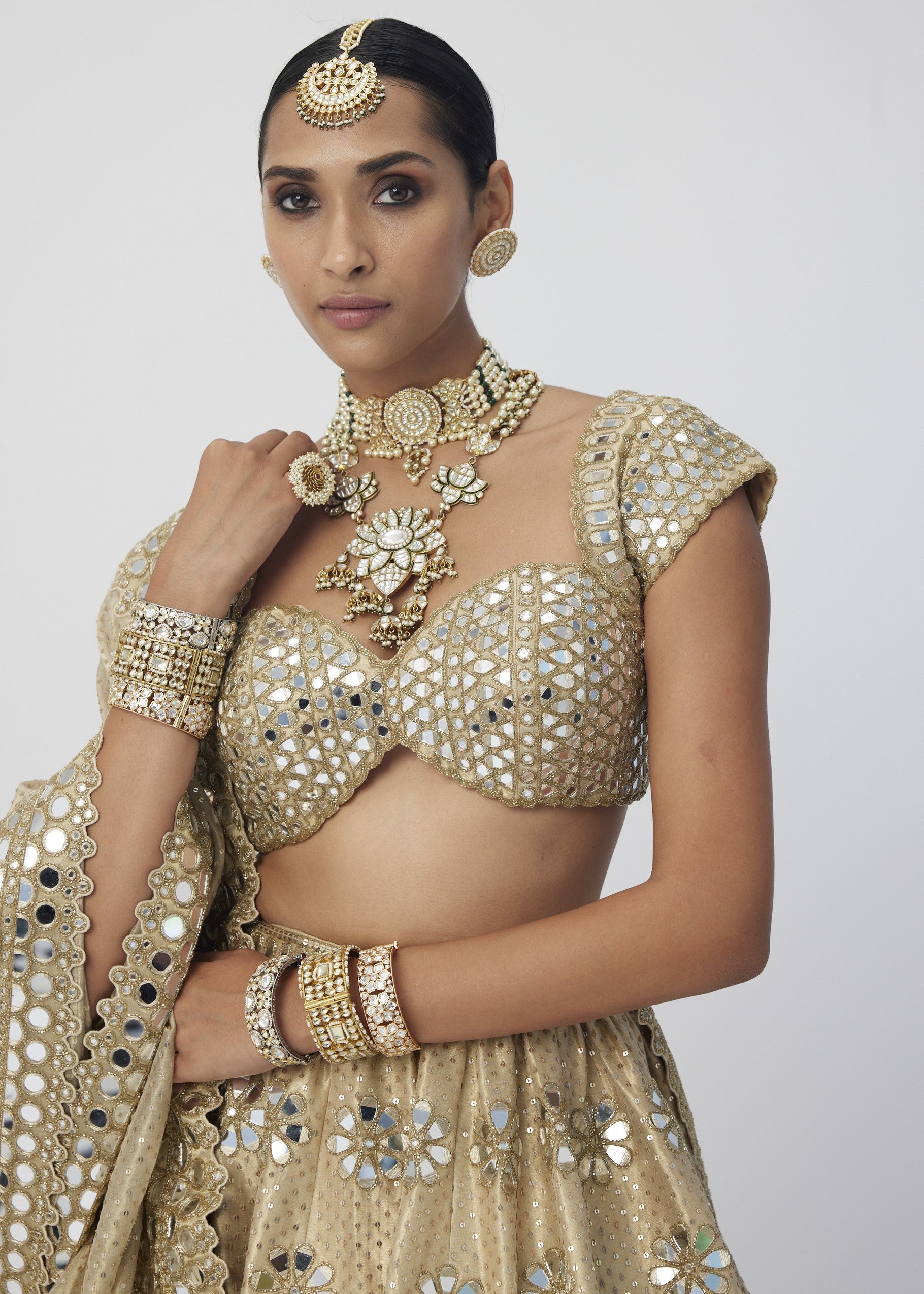 Golden Shimmer Organza Flower Lehenga Set