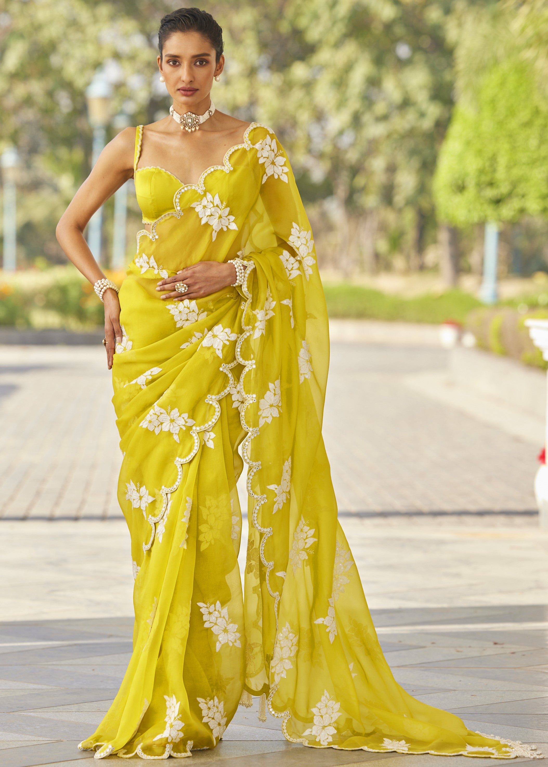 Moss Green Flower Sari Set