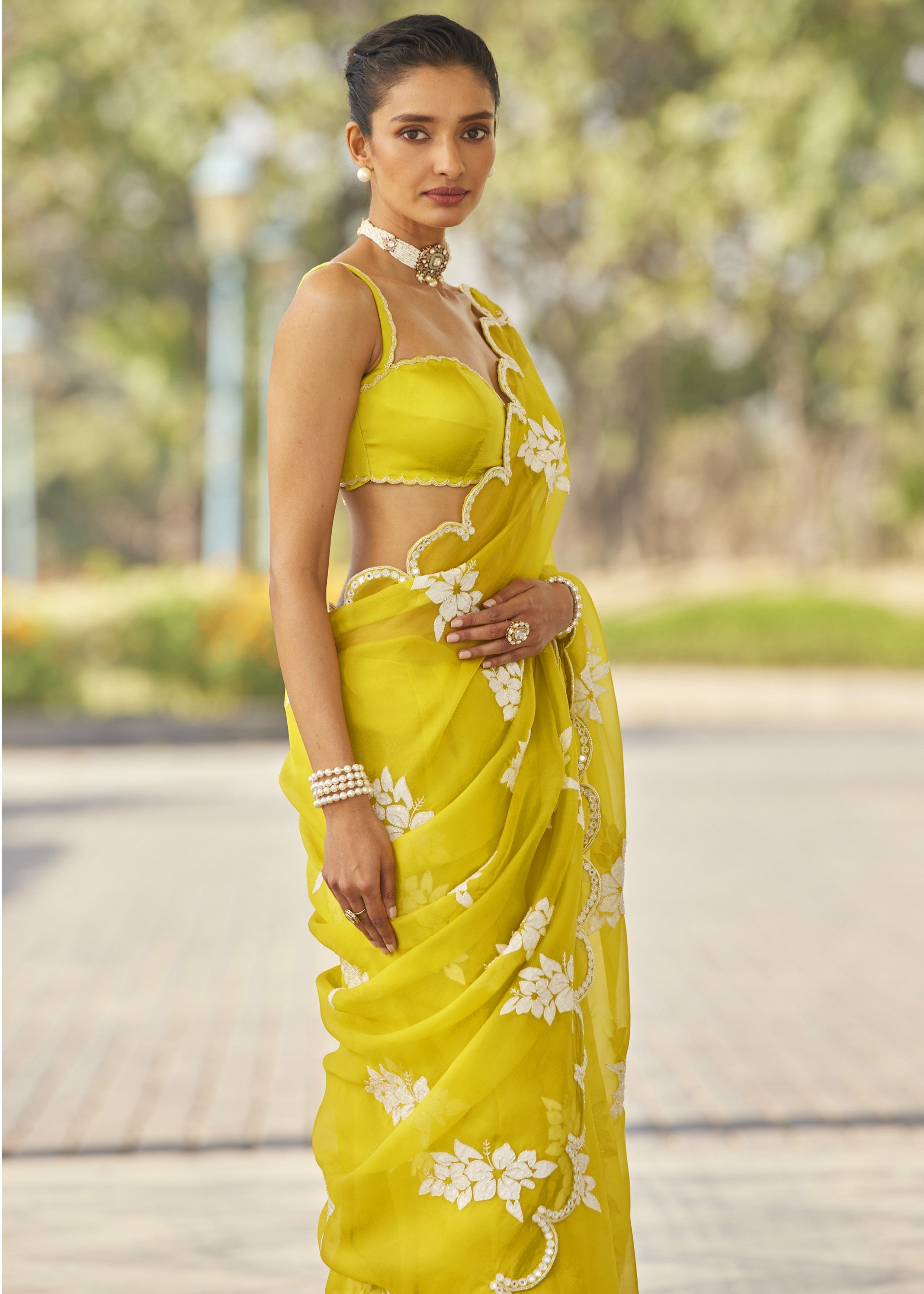 Moss Green Flower Sari Set