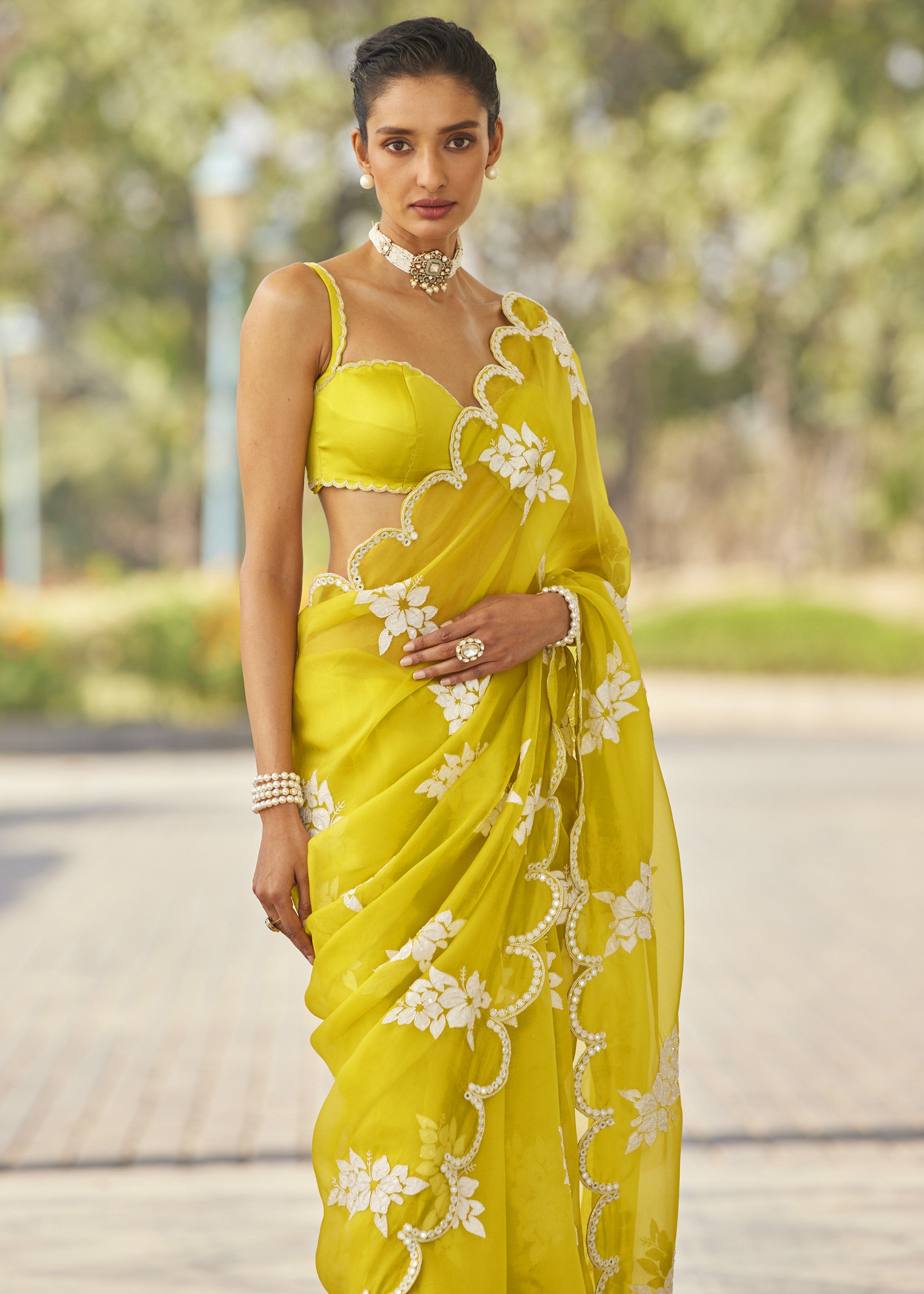 Moss Green Flower Sari Set
