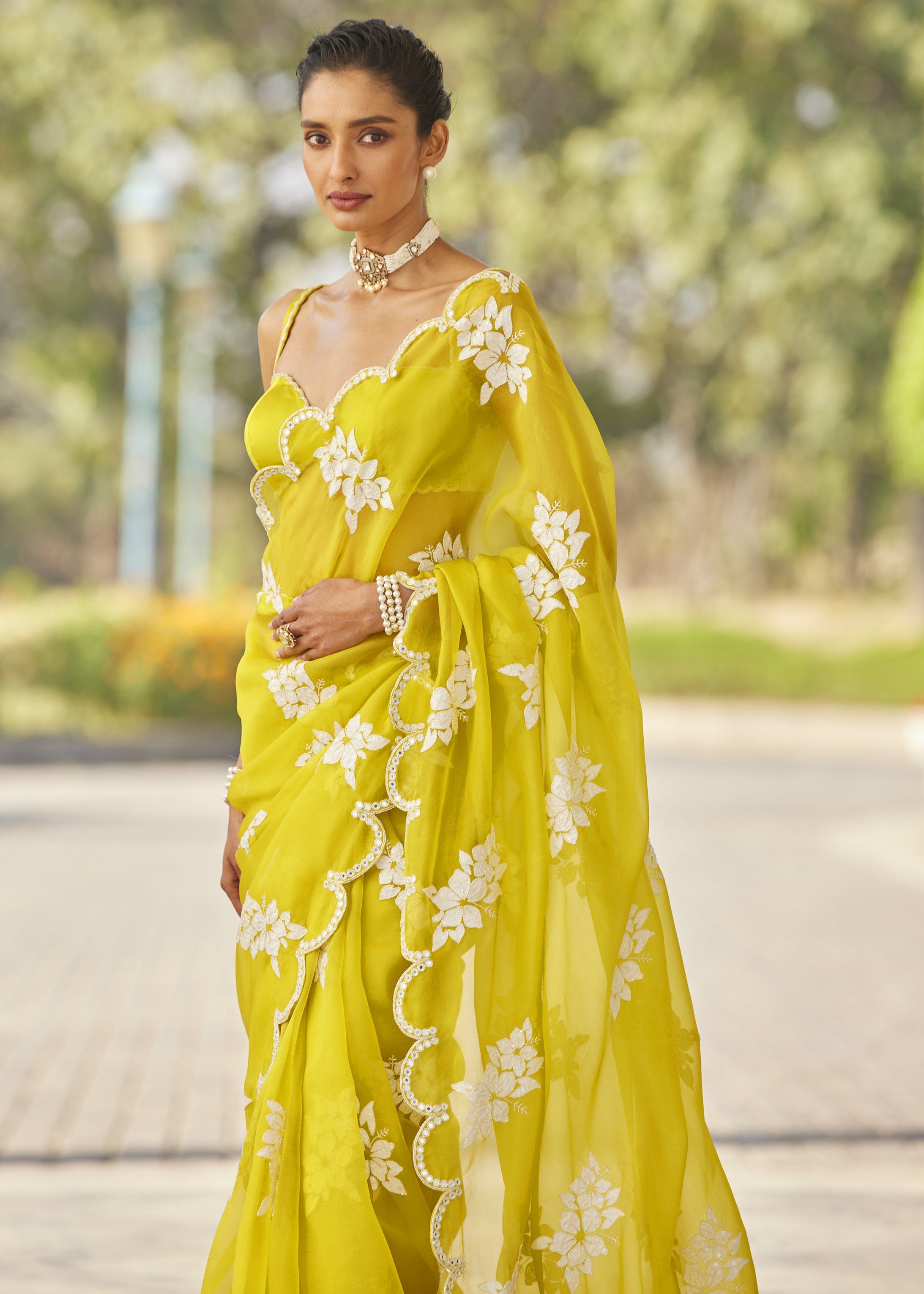 Moss Green Flower Sari Set