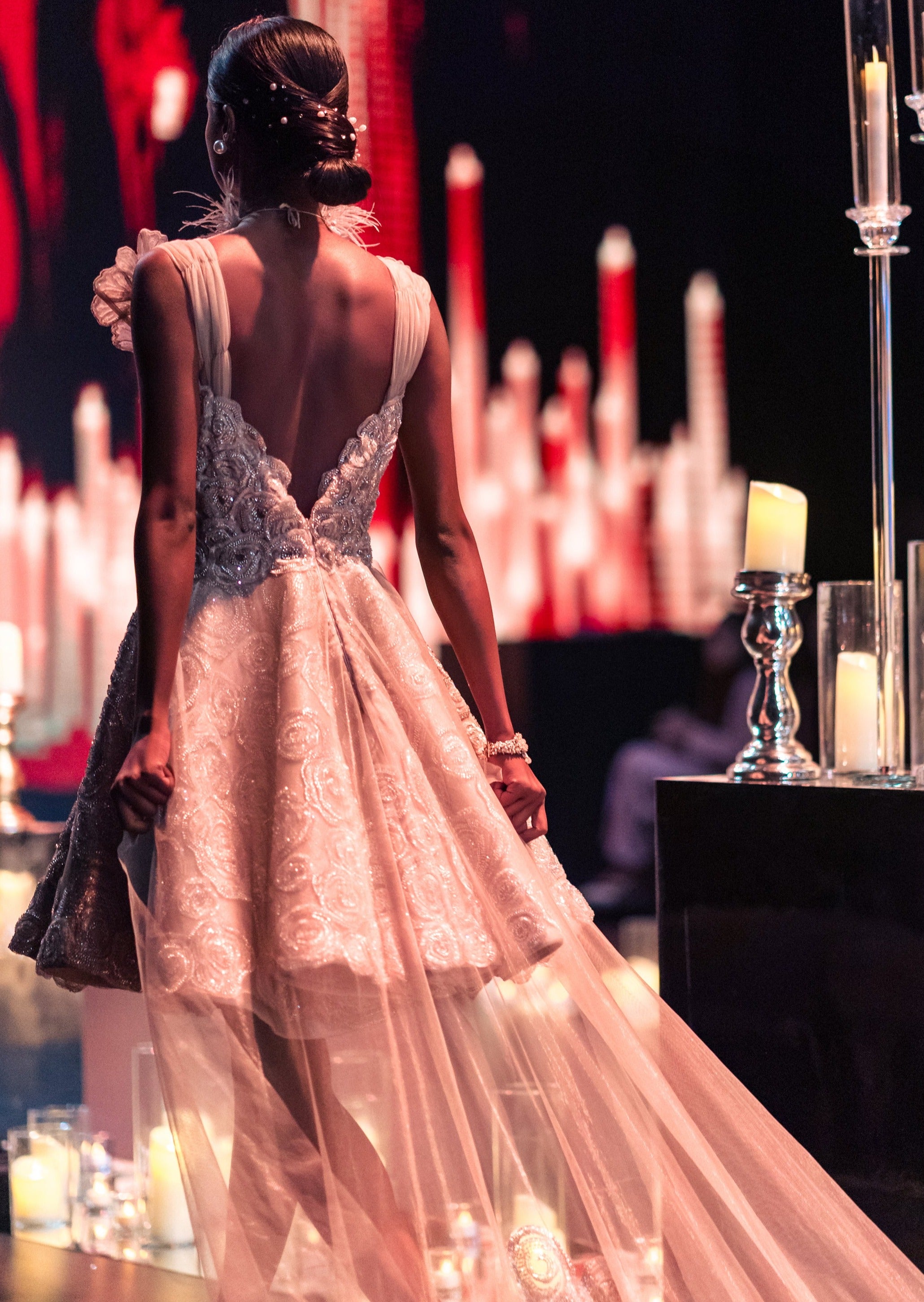 Beige Trail Gown with Floral Patchwork Embroidery