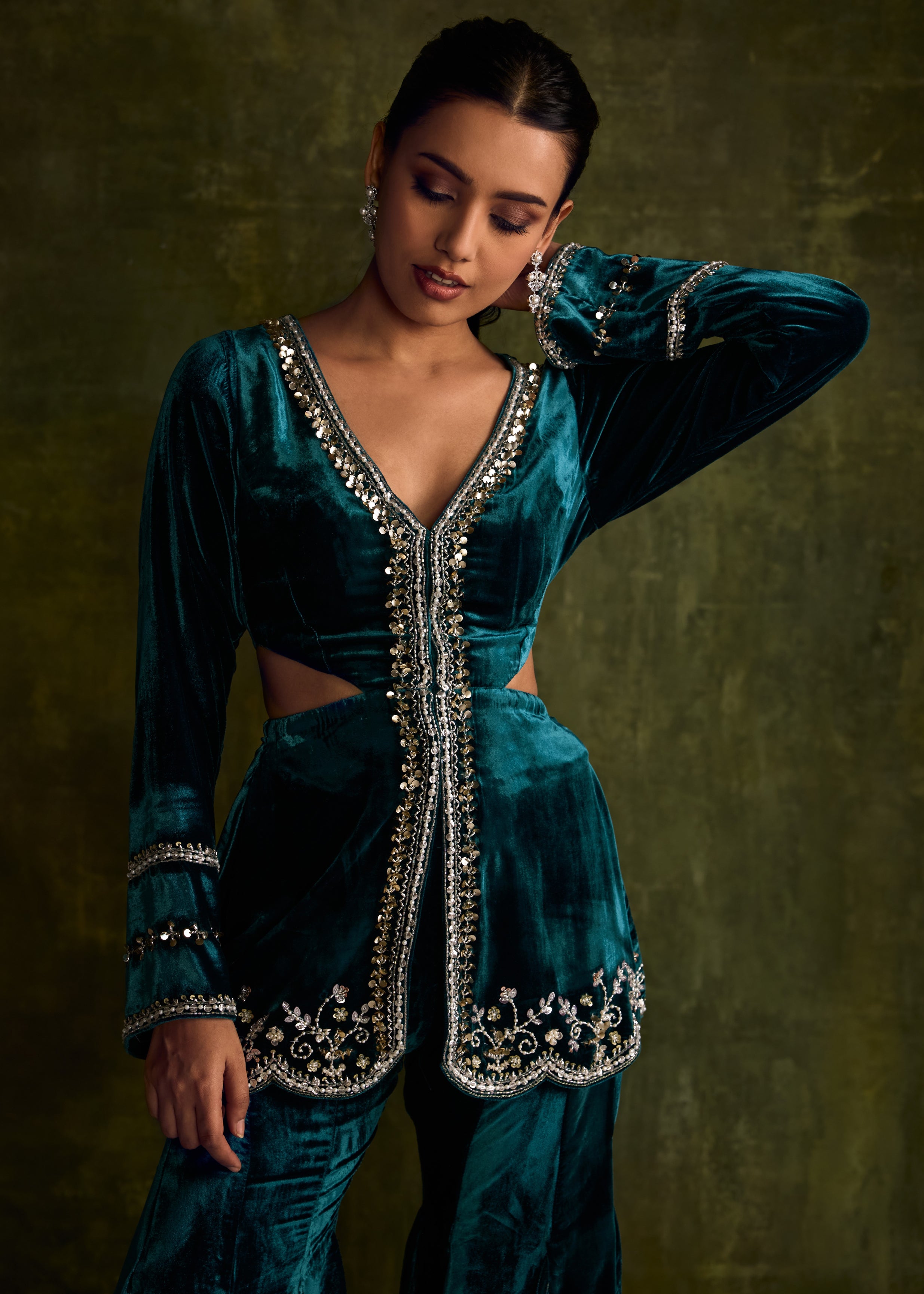 Turqoise Velvet Cut- Out Peplum