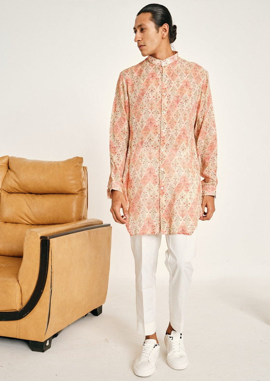 Cream and Peach Gul Malai Cotton Kurta Pajama Set