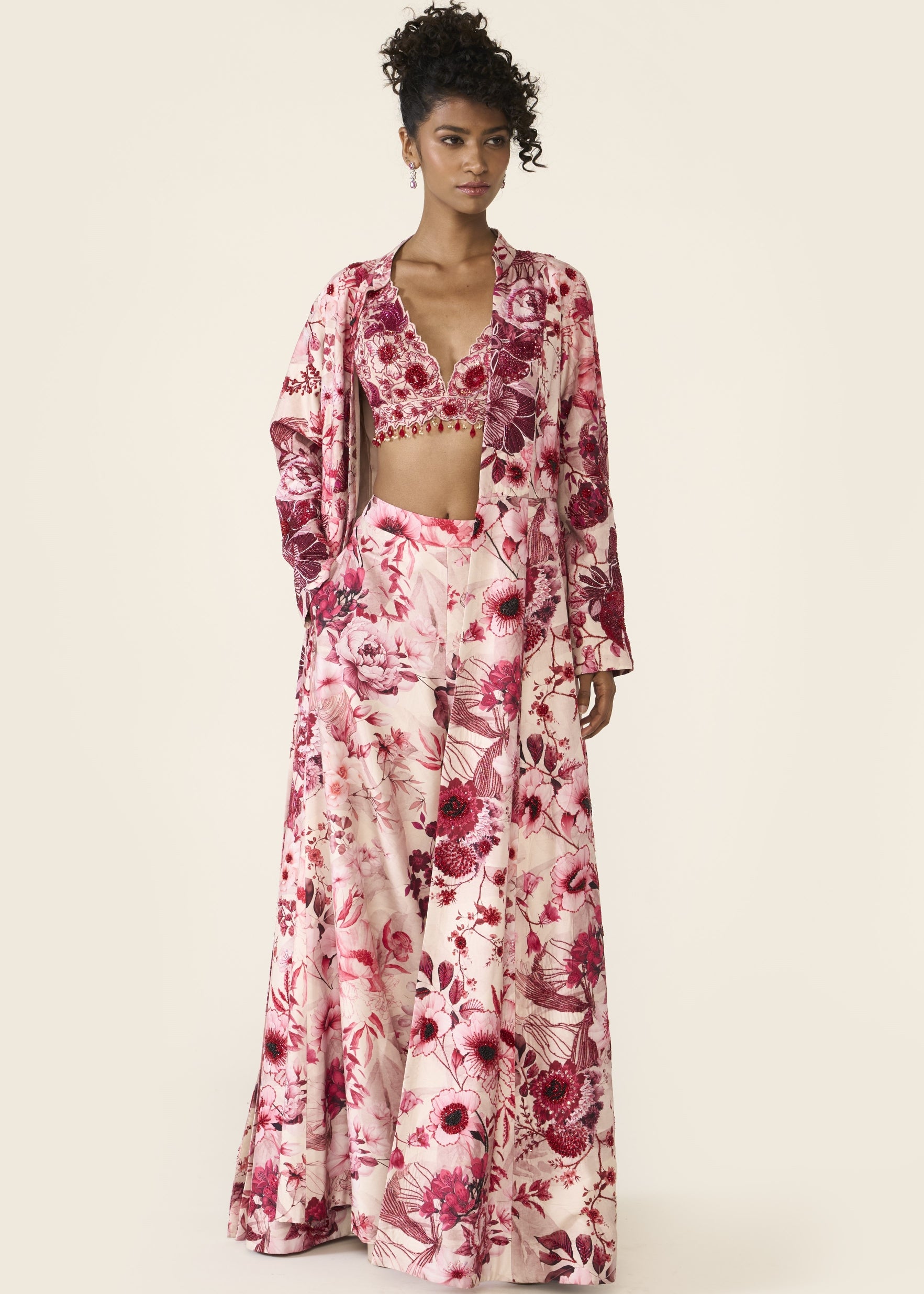 Pink Printed Long Jacket Set