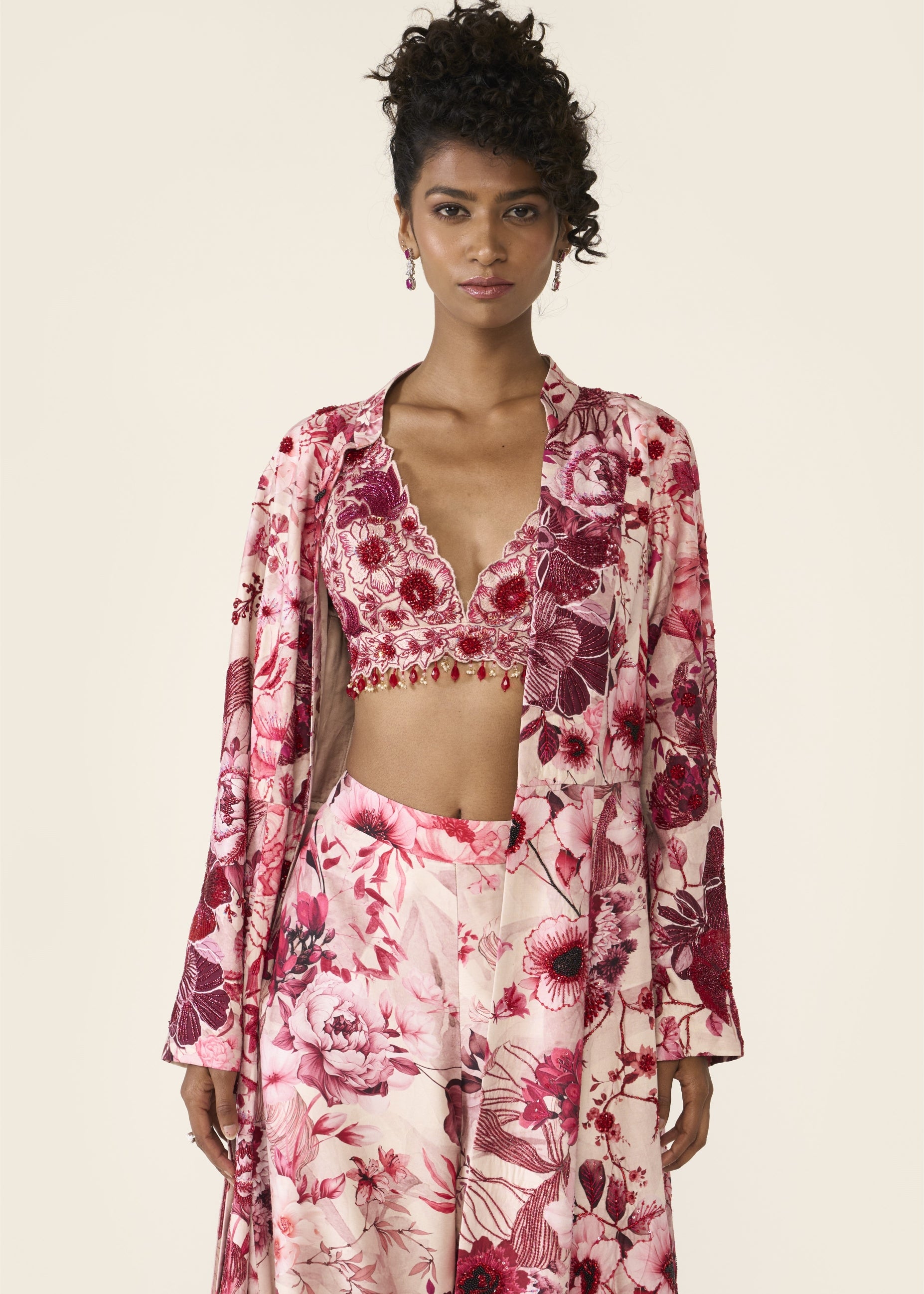 Pink Printed Long Jacket Set