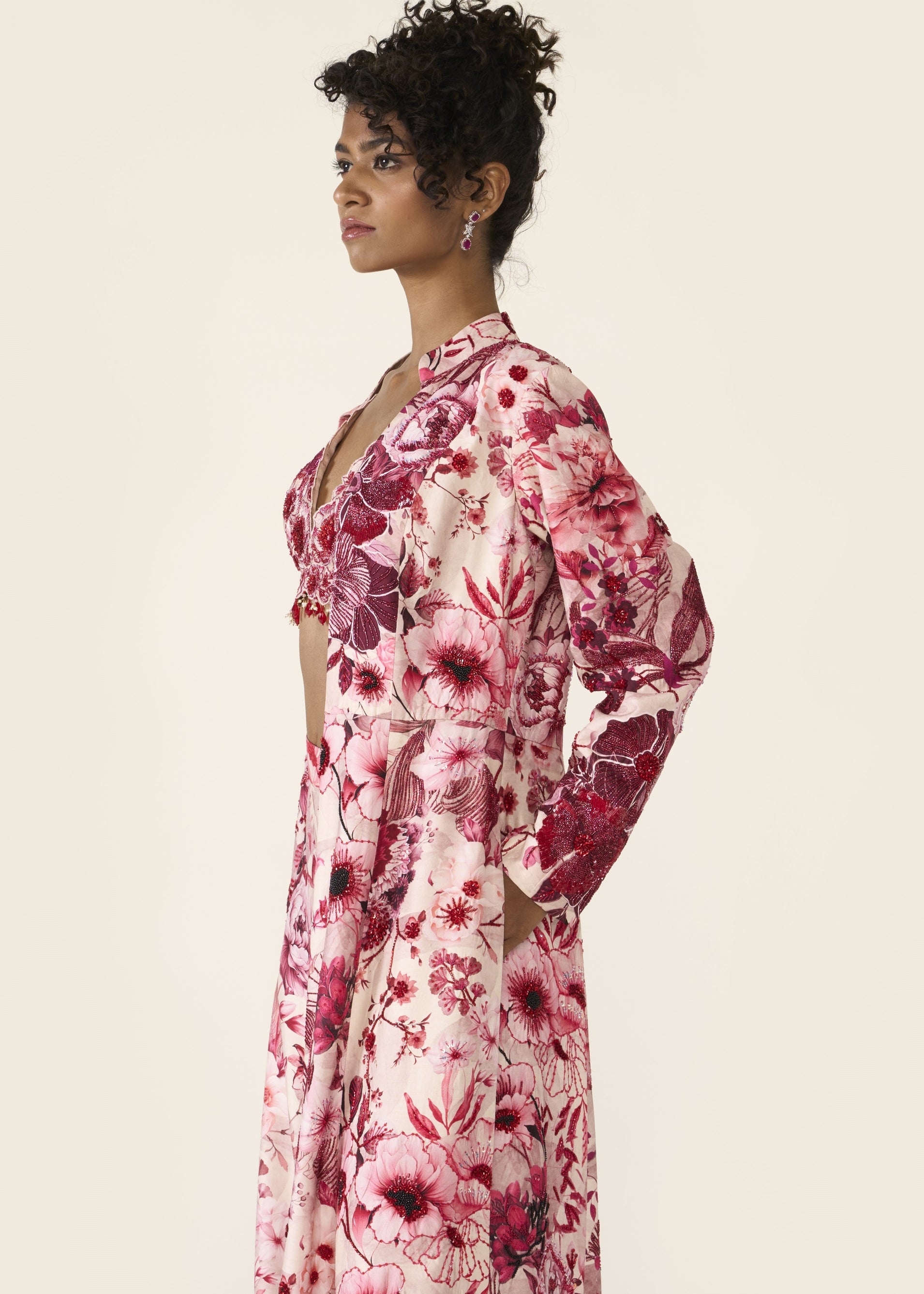 Pink Printed Long Jacket Set