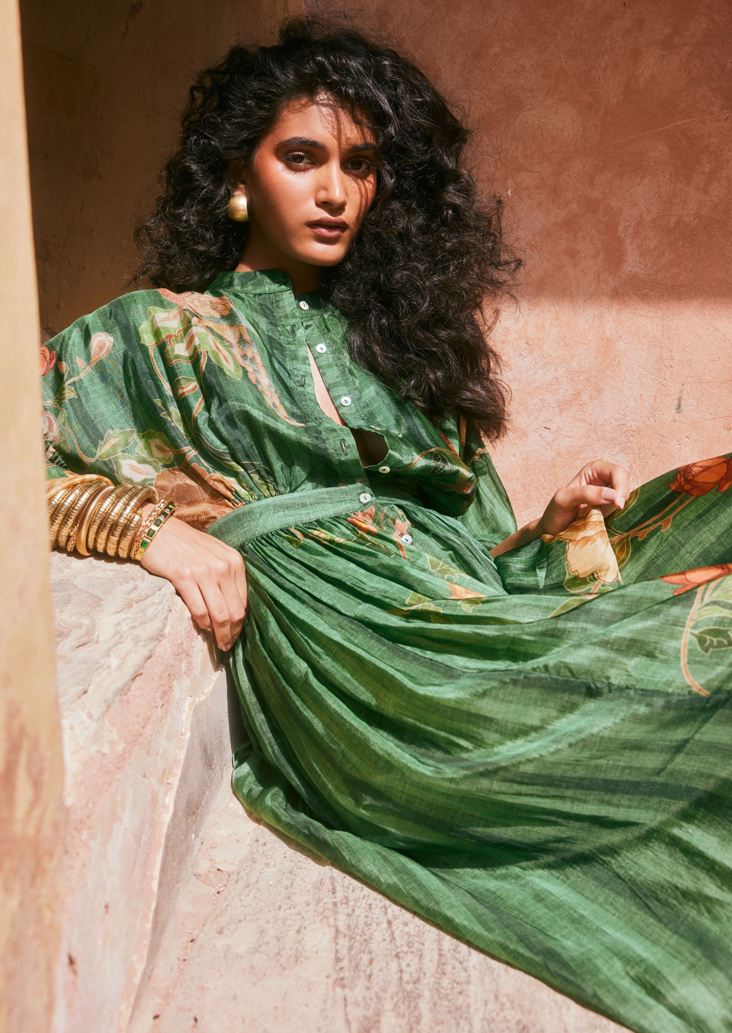 Green Floral Printed Front Button Maxi Dress