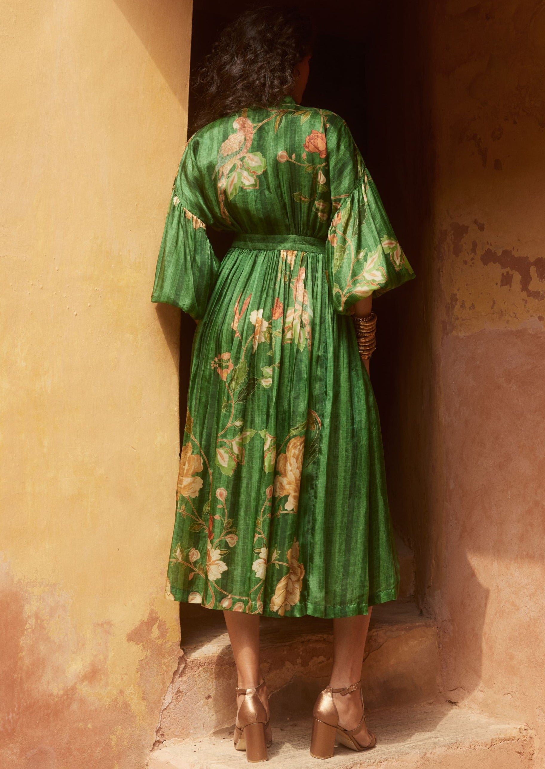Green Floral Printed Front Button Maxi Dress