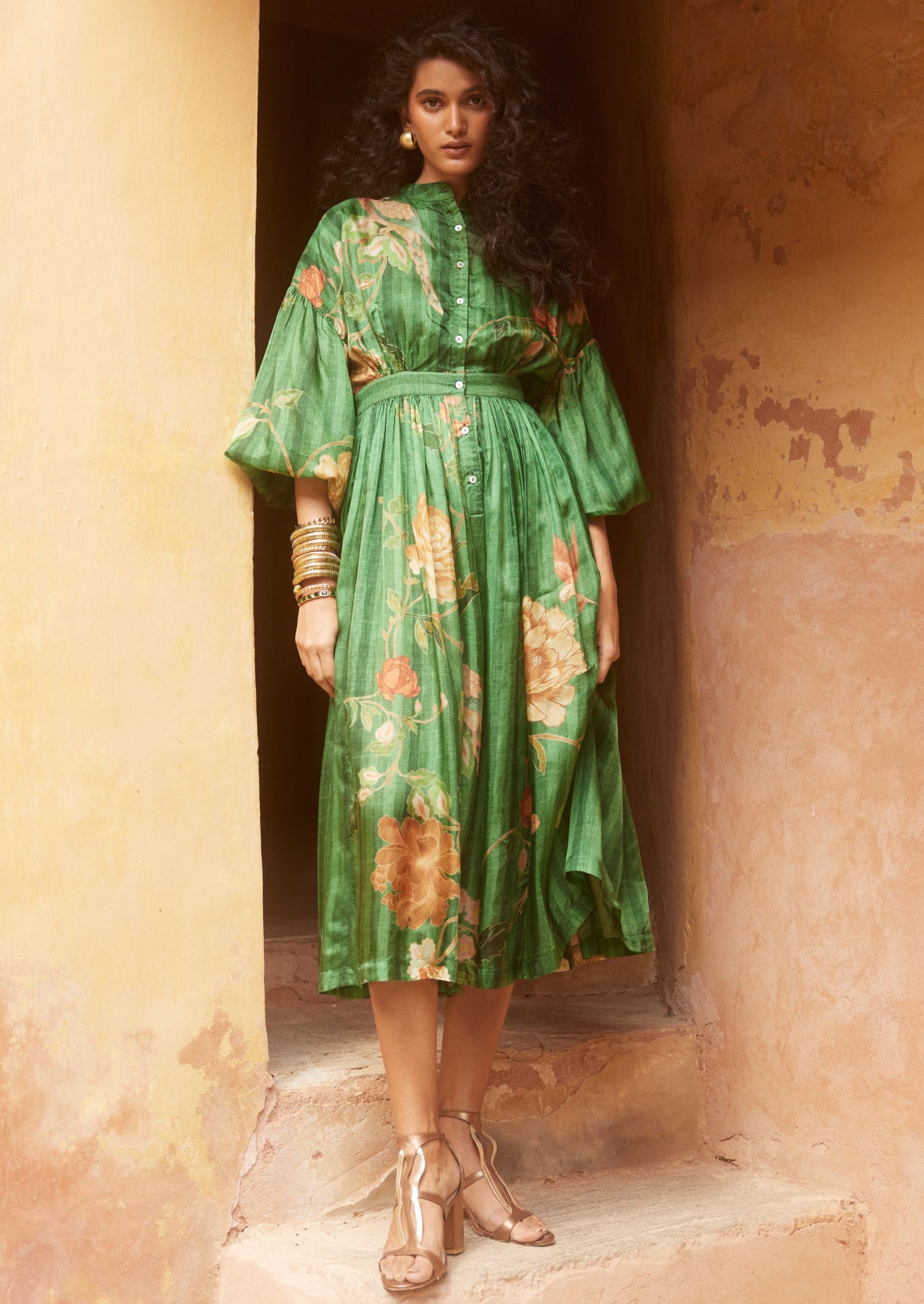 Green Floral Printed Front Button Maxi Dress L / Green Green Floral Printed Front Button Maxi Dress L / Green