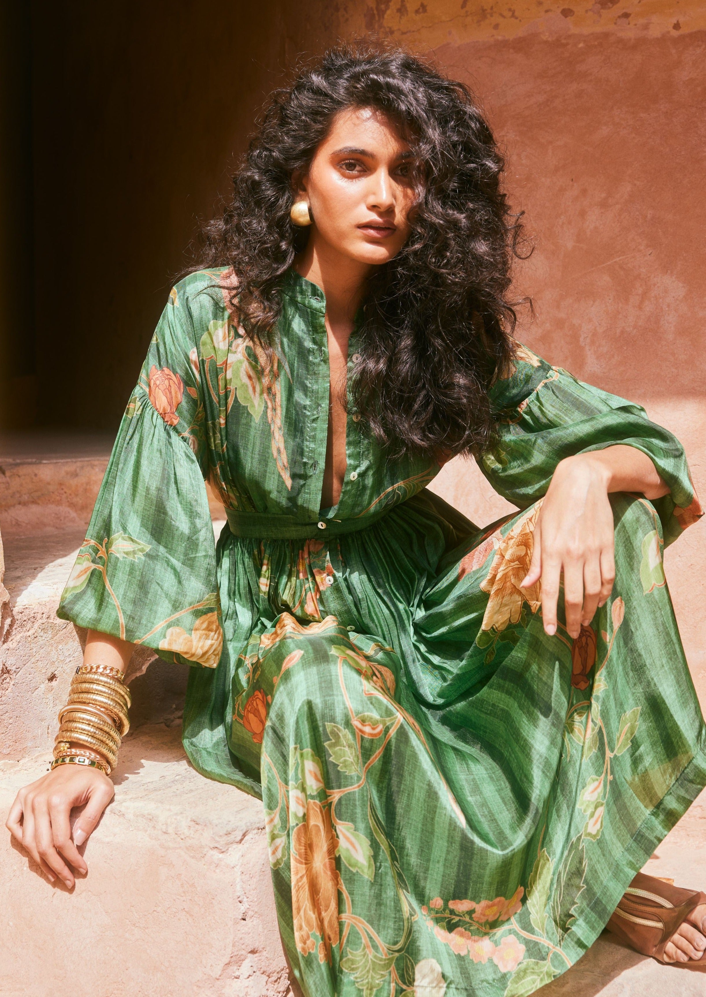 Green Floral Printed Front Button Maxi Dress