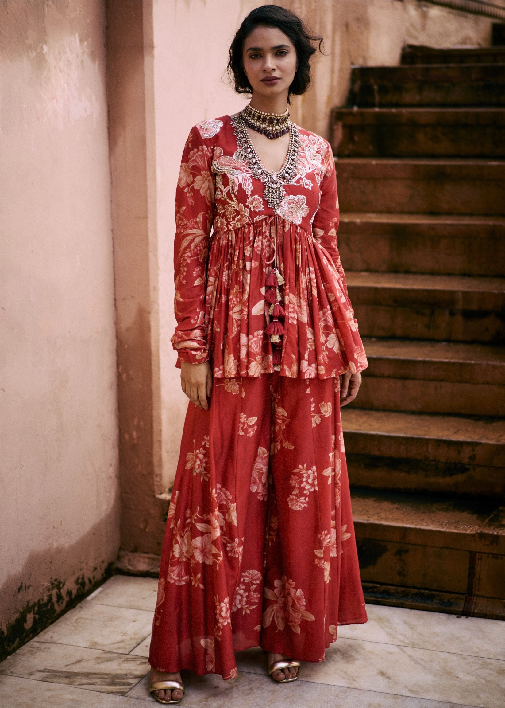 Crimson Red Floral Print Peplum Set