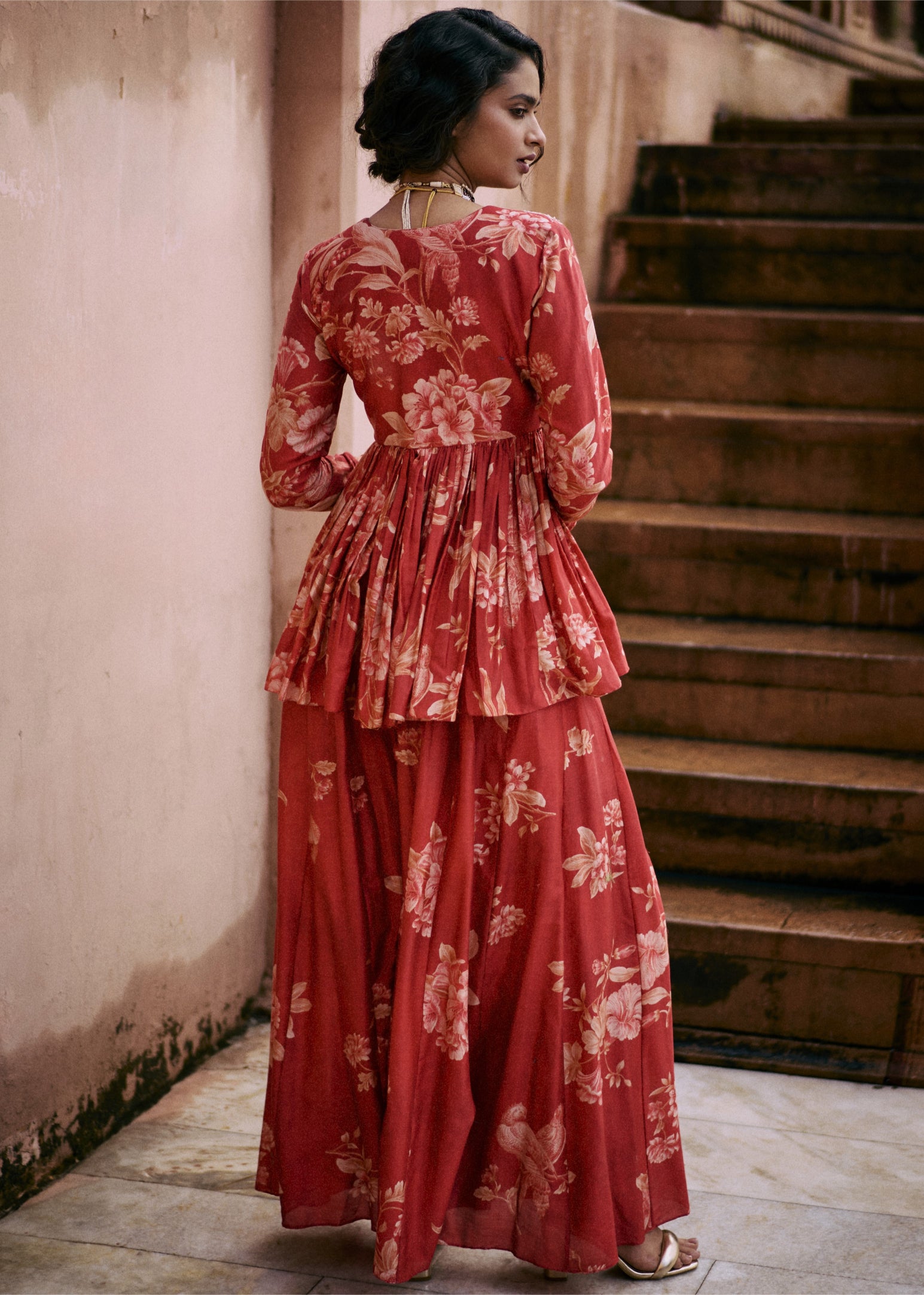 Crimson Red Floral Print Peplum Set