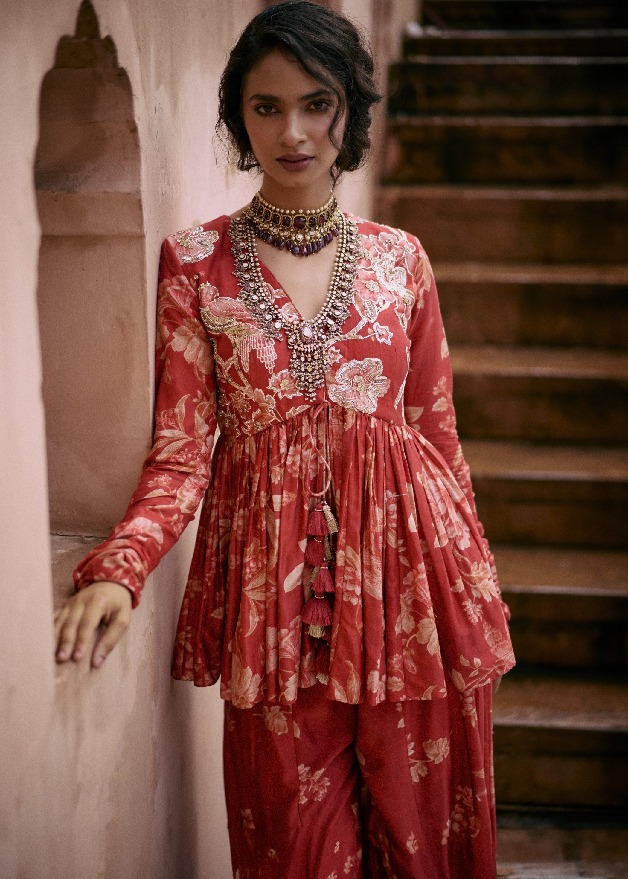 Crimson Red Floral Print Peplum Set