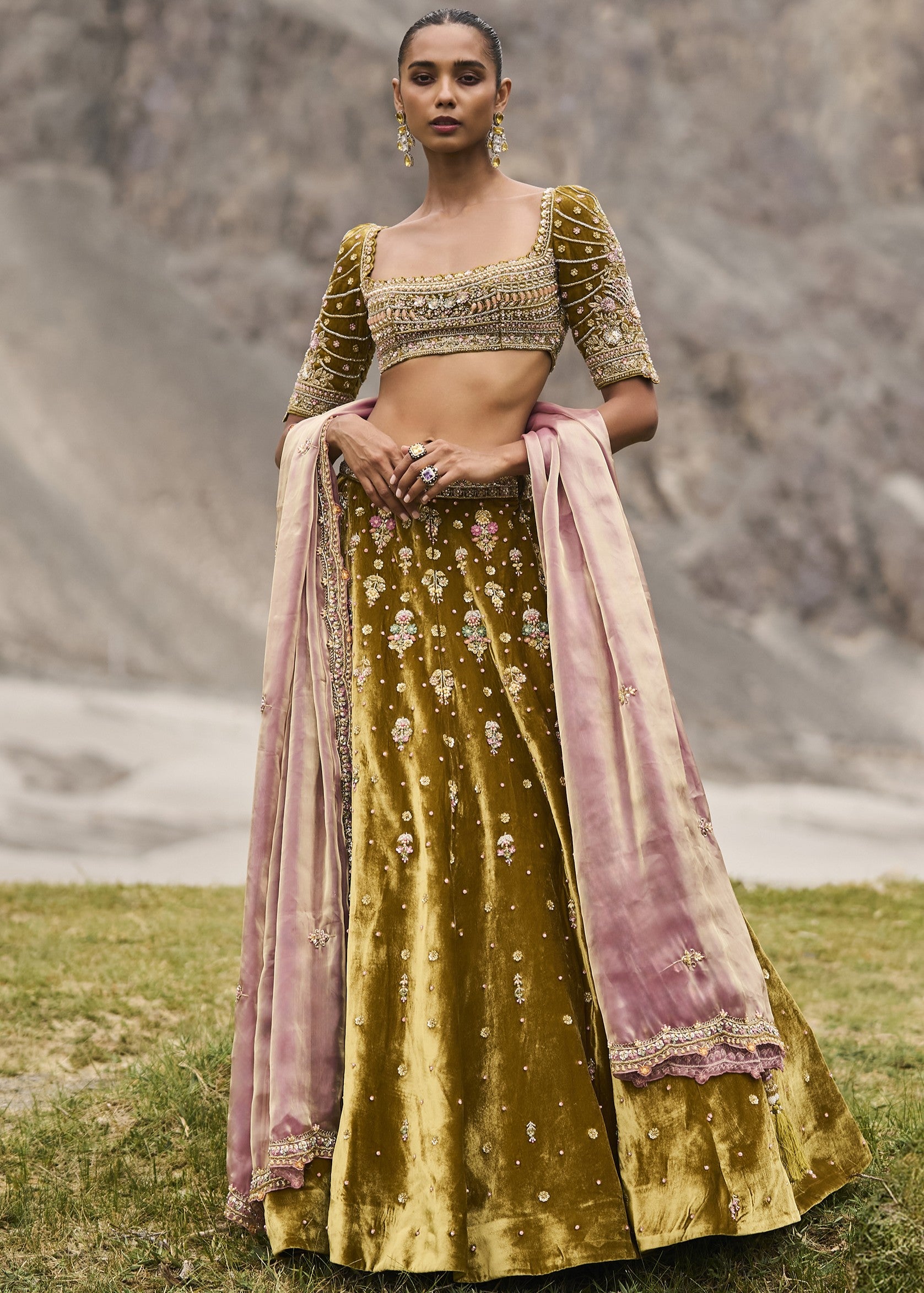Mehendi Green Velvet Lehenga