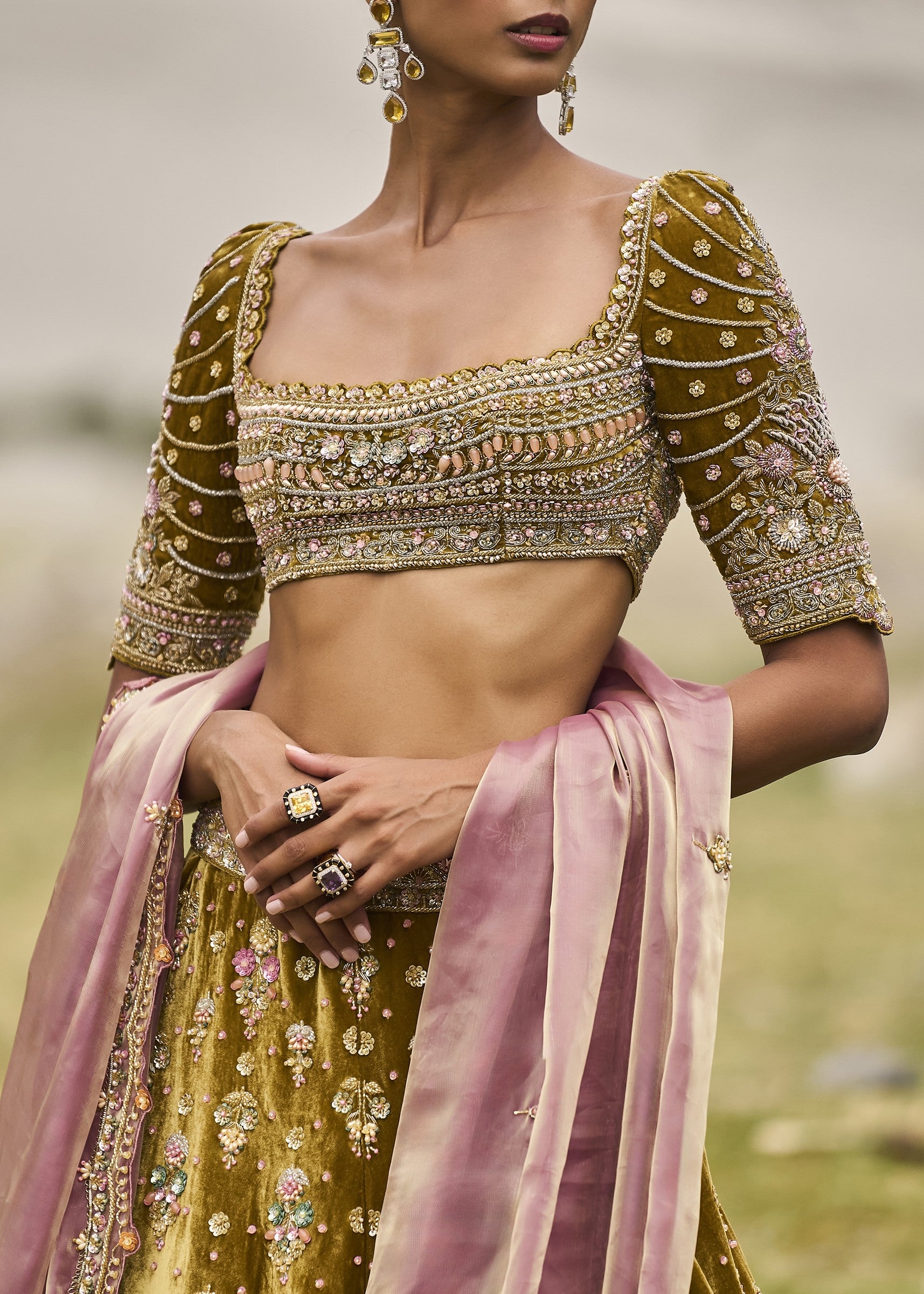 Mehendi Green Velvet Lehenga