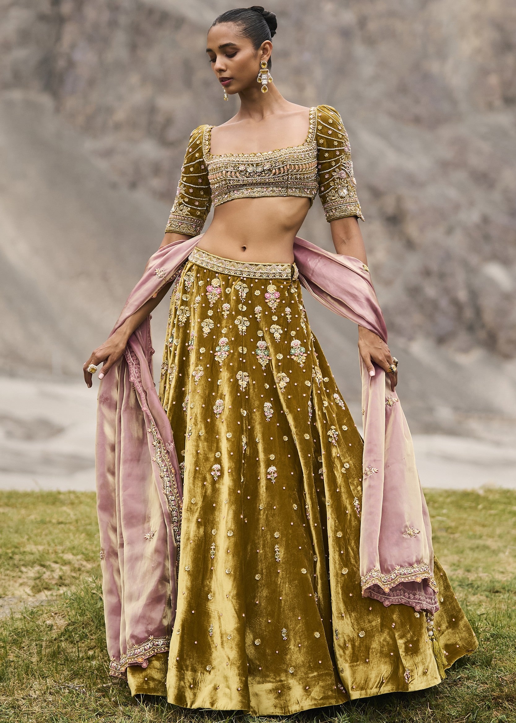 Mehendi Green Velvet Lehenga