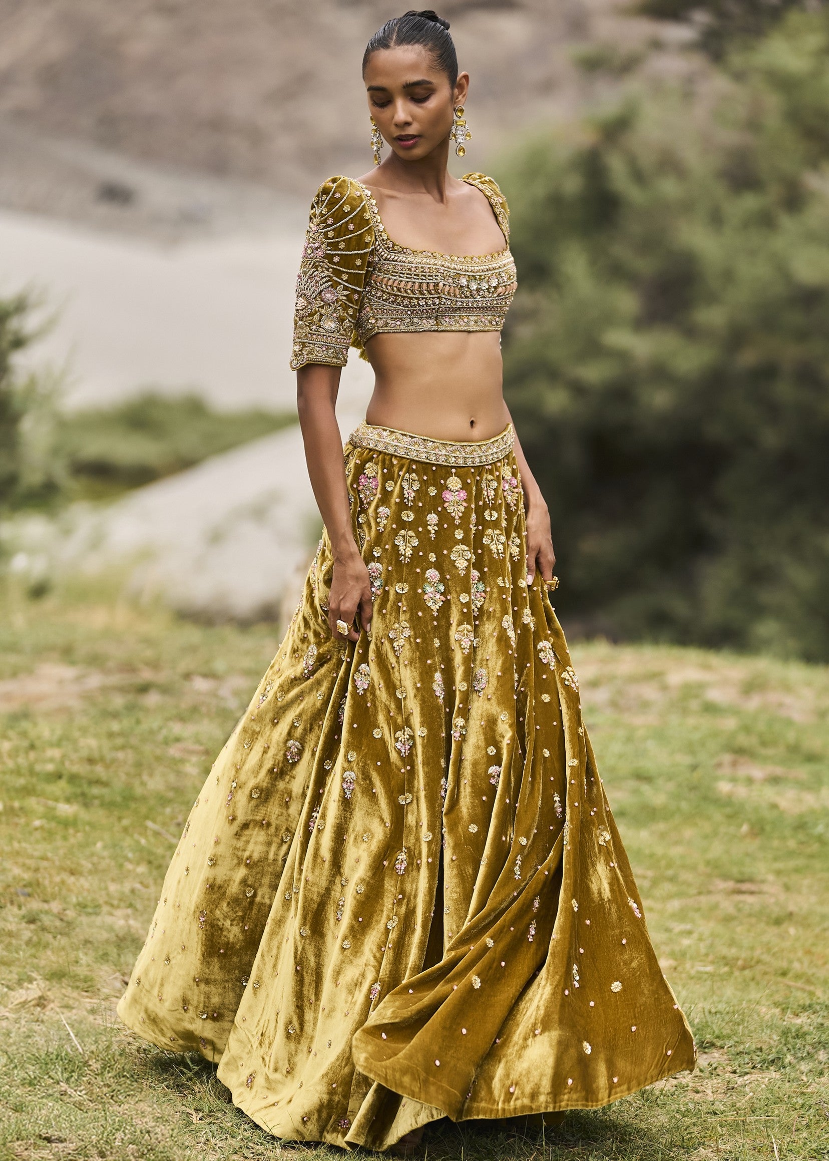 Mehendi Green Velvet Lehenga
