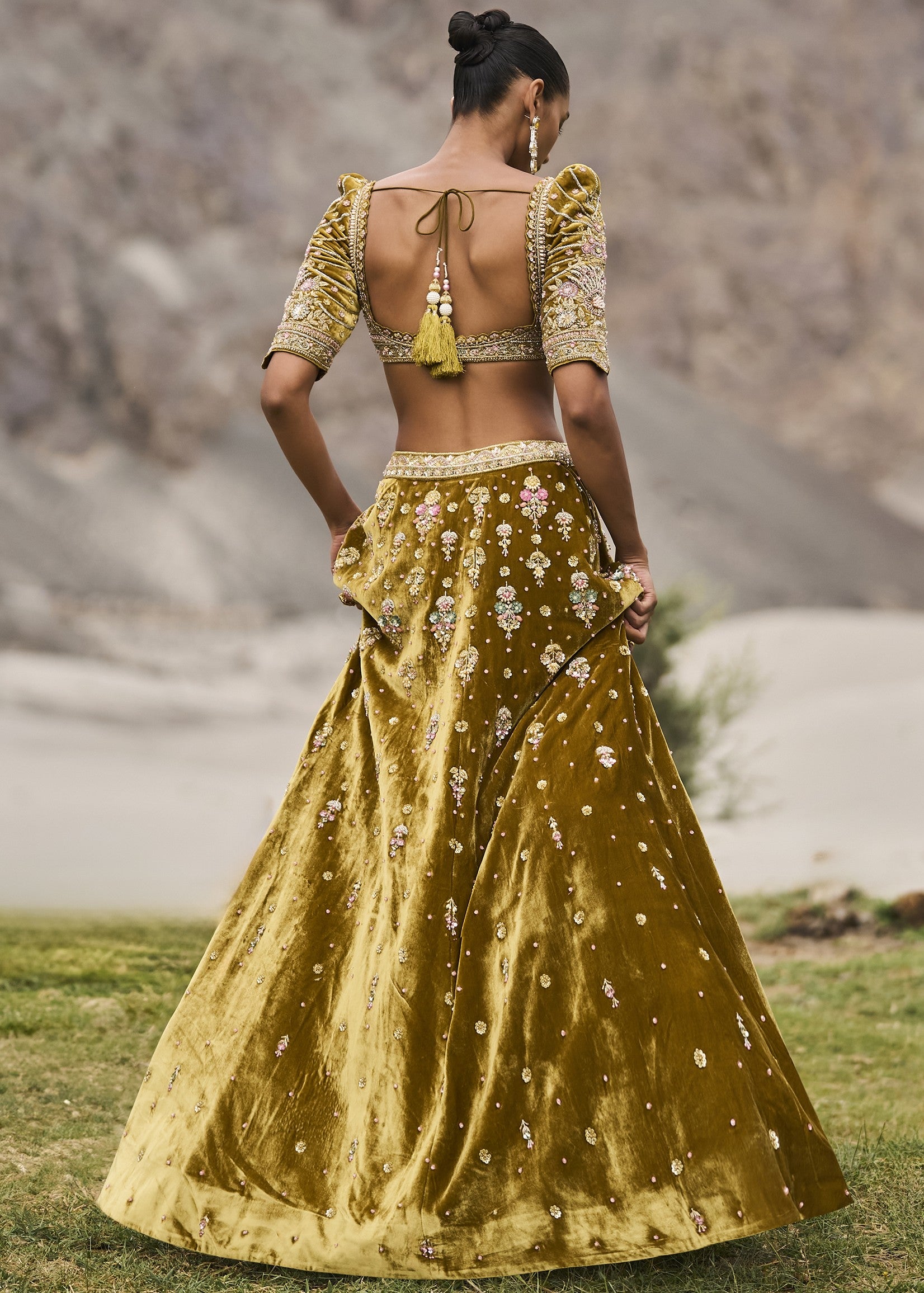 Mehendi Green Velvet Lehenga
