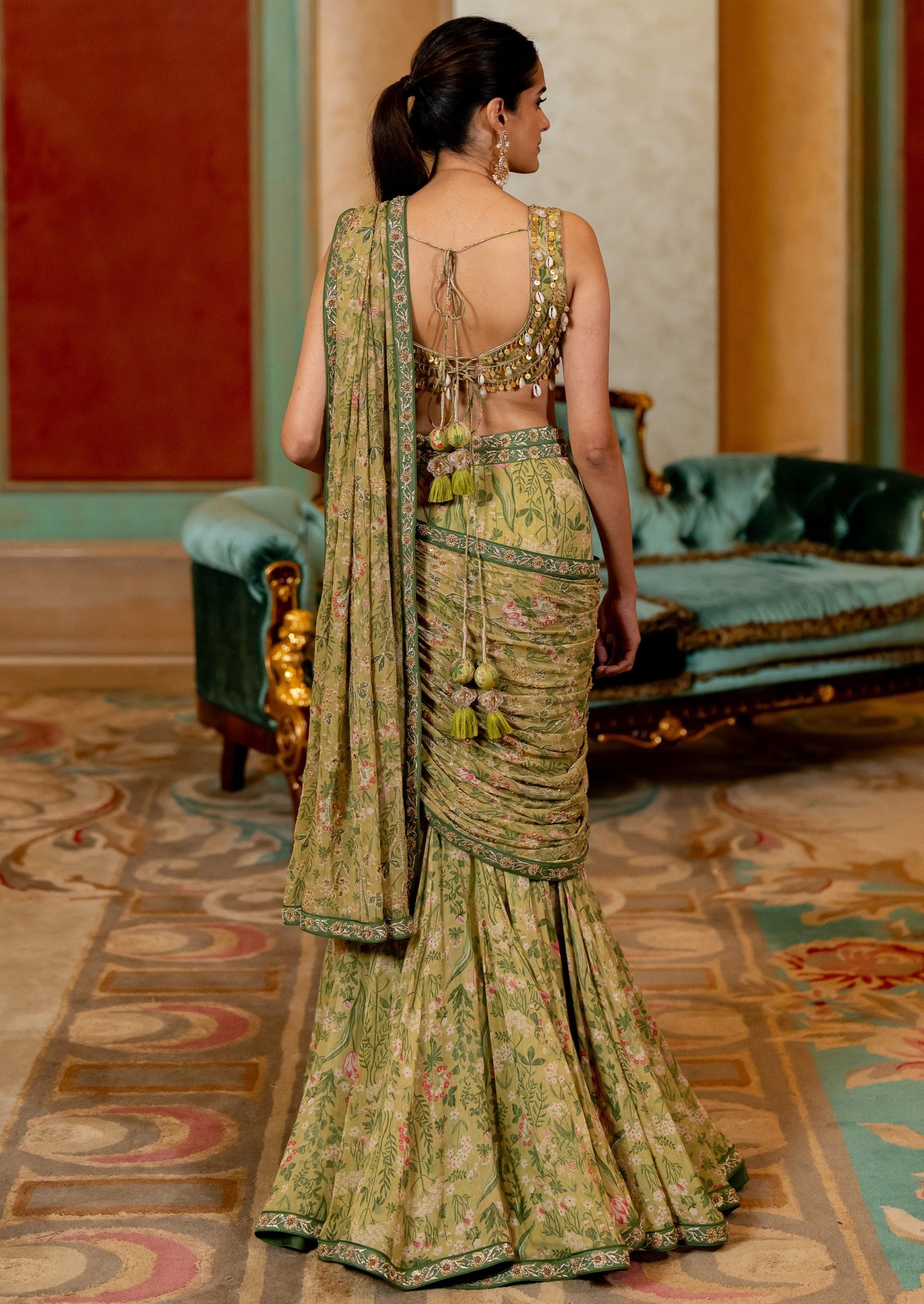 Sage Green Wild Floral Printed Sari Set