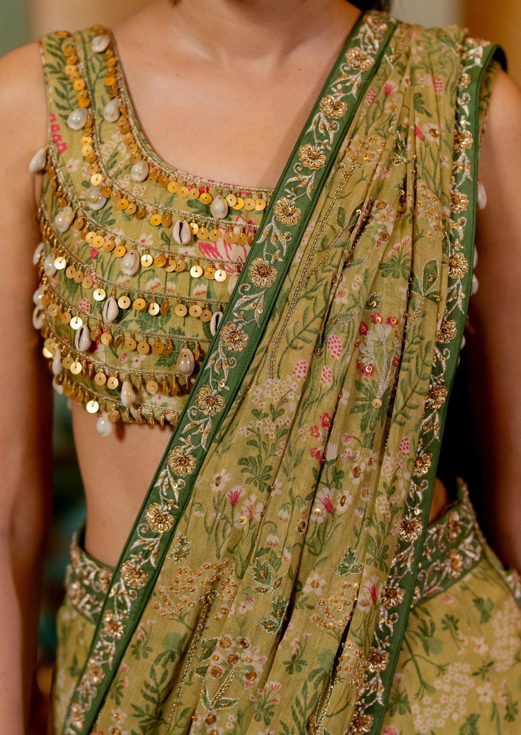 Sage Green Wild Floral Printed Sari Set