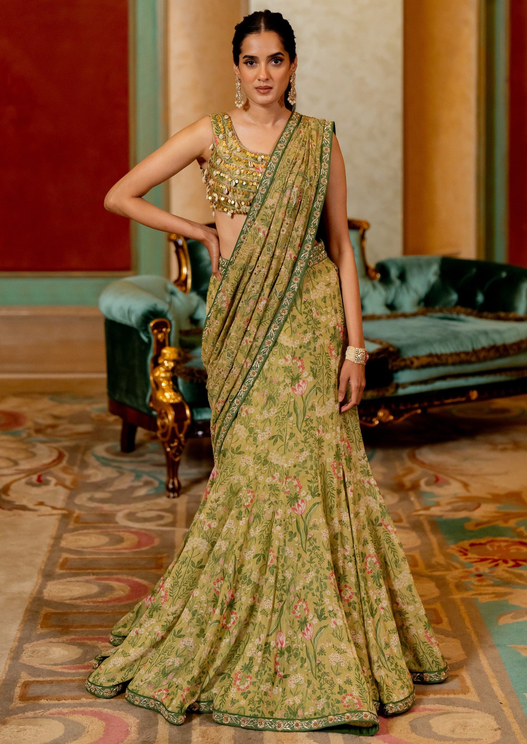 Sage Green Wild Floral Printed Sari Set