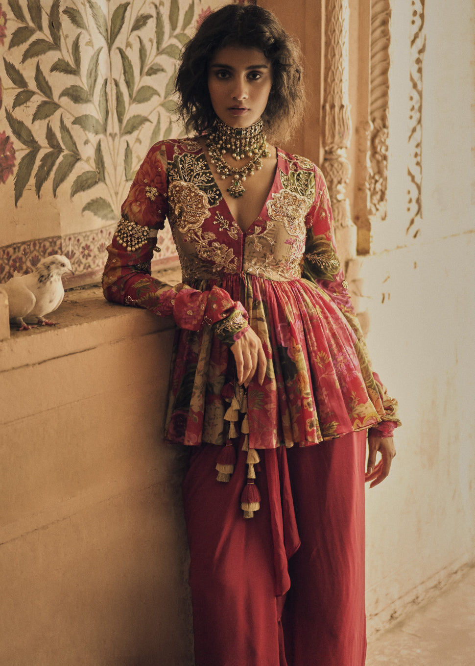Red Floral Print Peplum With Skirt Set