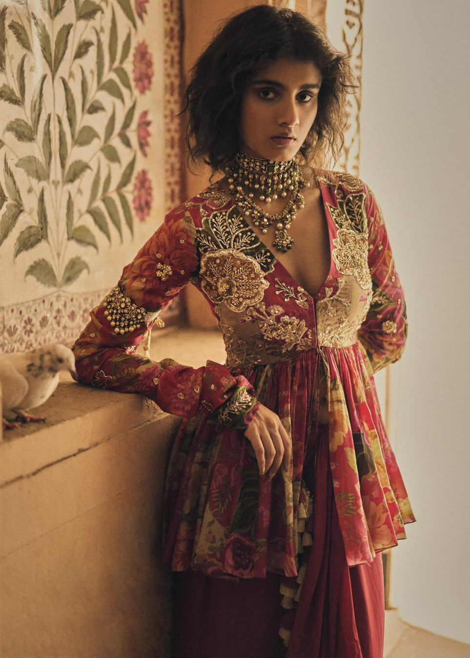 Red Floral Print Peplum With Skirt Set