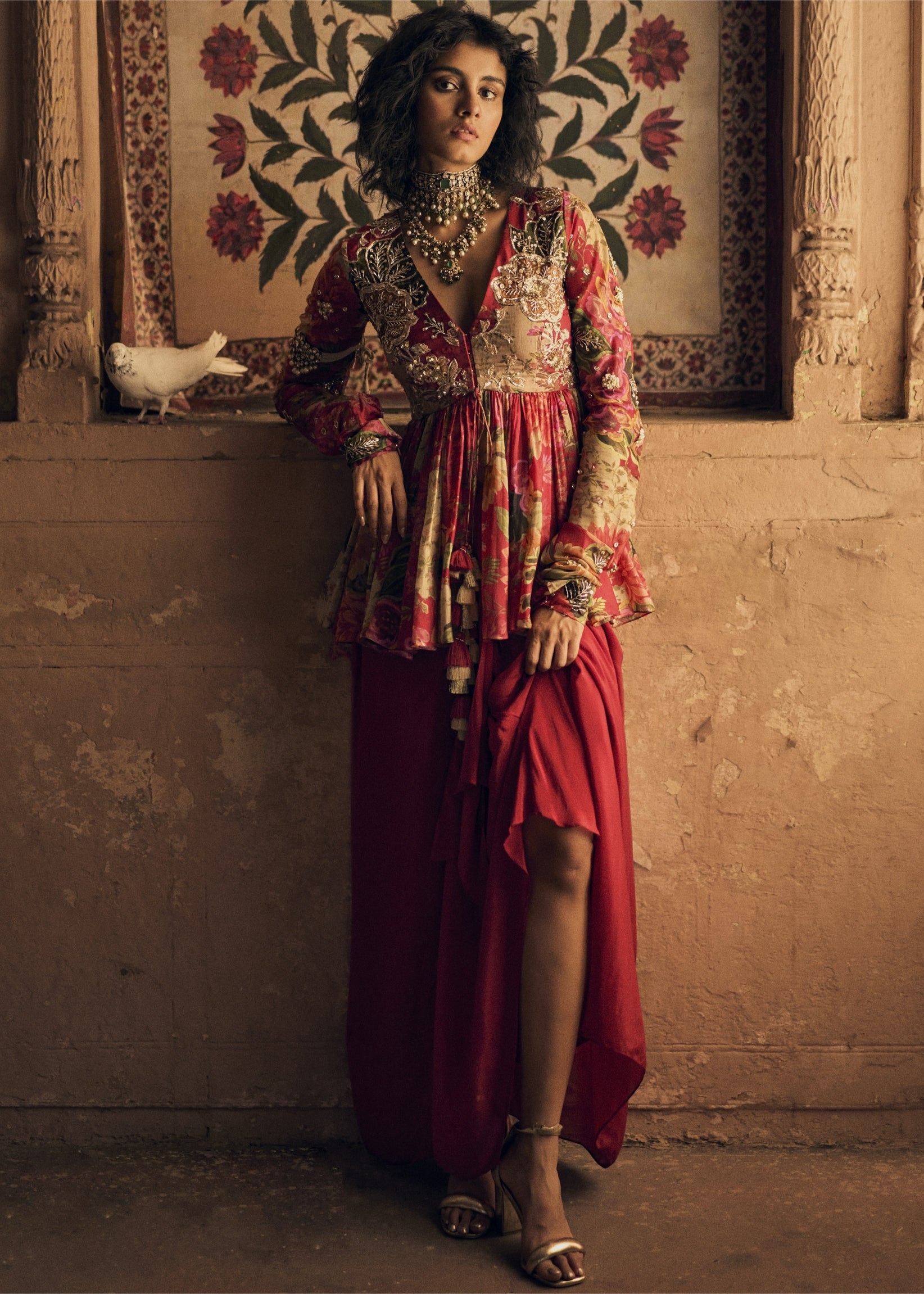 Red Floral Print Peplum With Skirt Set