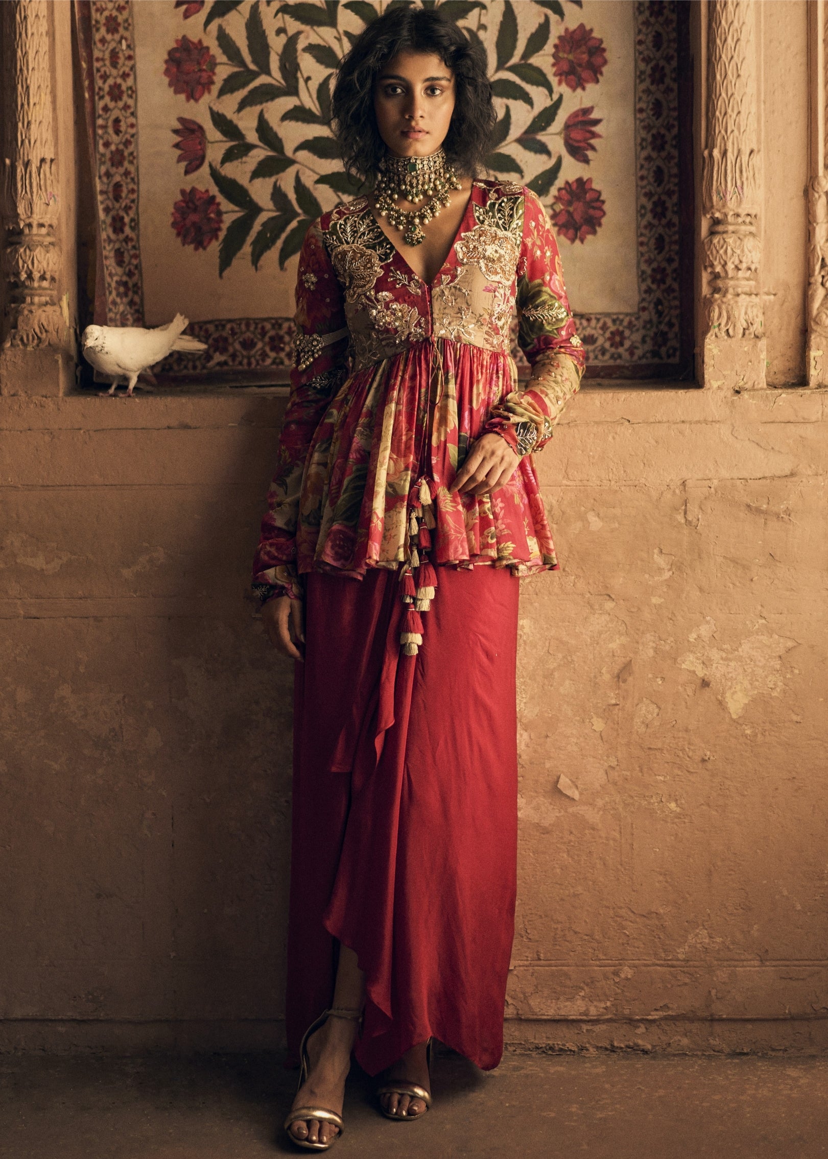 Red Floral Print Peplum With Skirt Set
