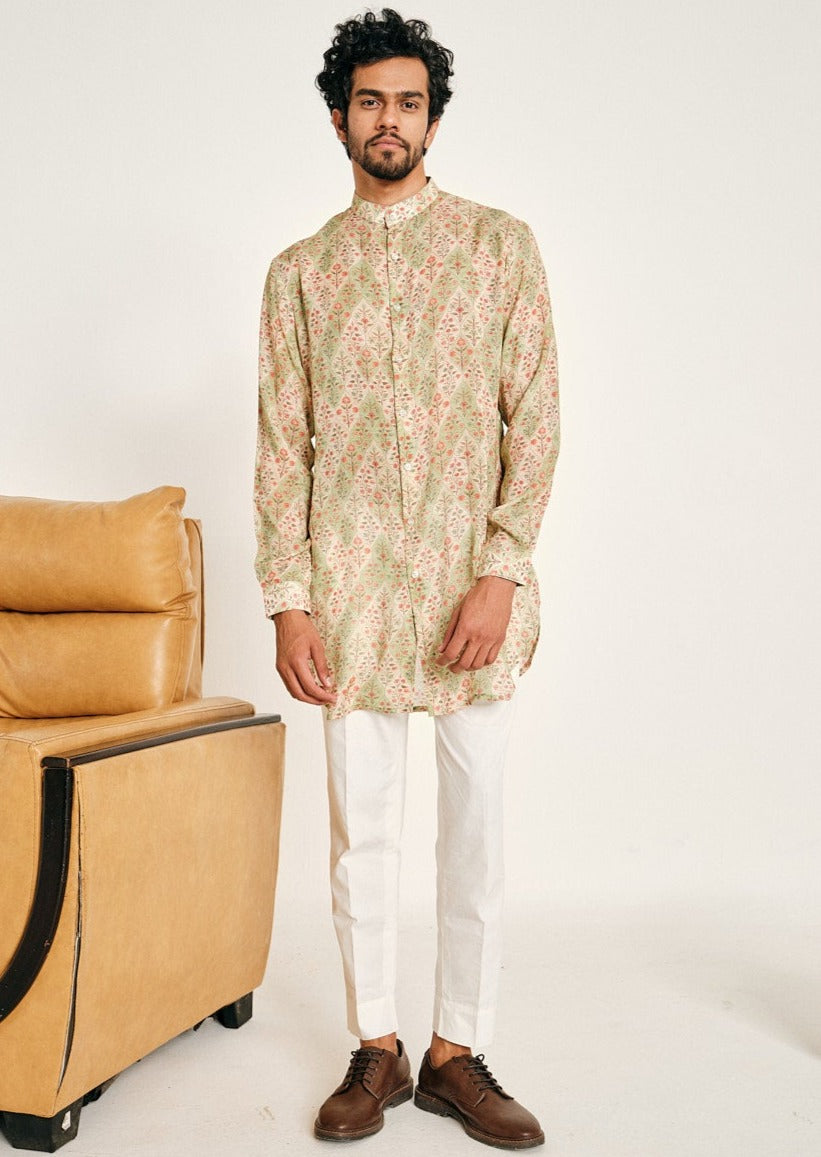 Cream and Green Gul Malai Cotton Kurta Pajama Set