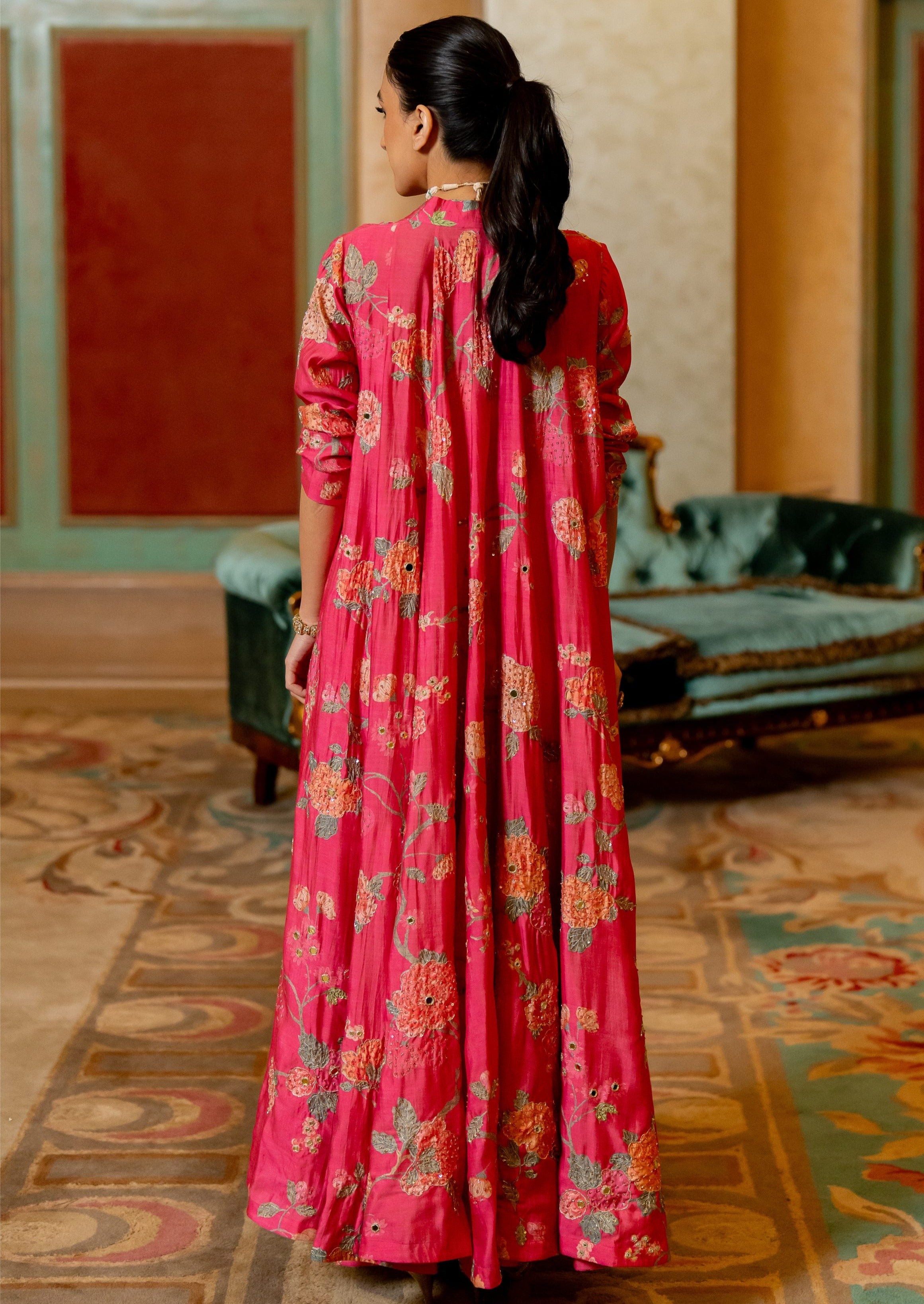 Blooming Pink Floral Printed Jacket and Knot Skirt Set