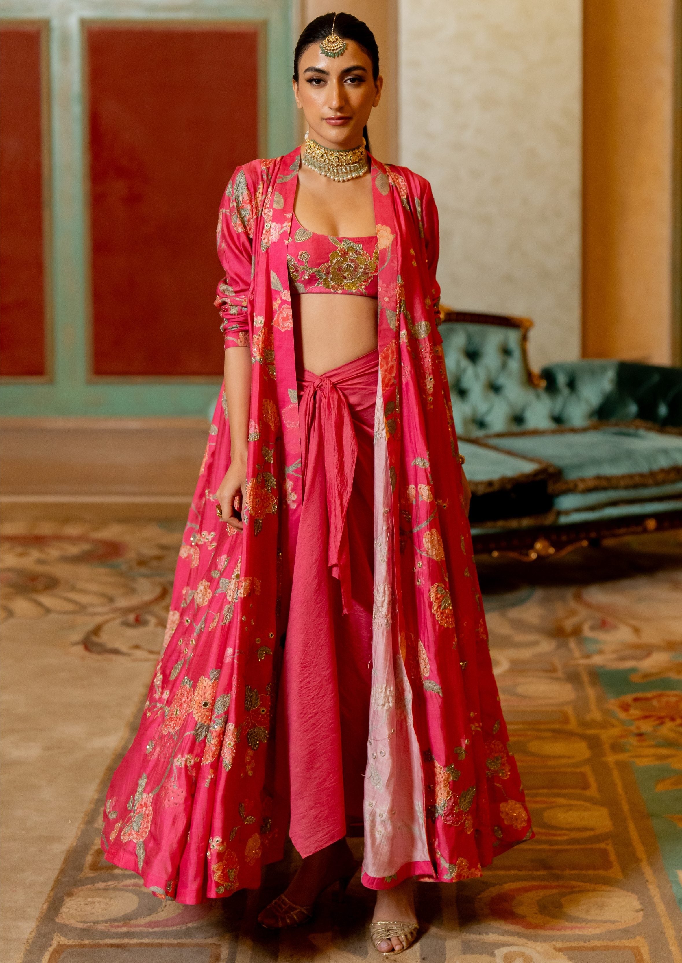 Blooming Pink Floral Printed Jacket and Knot Skirt Set