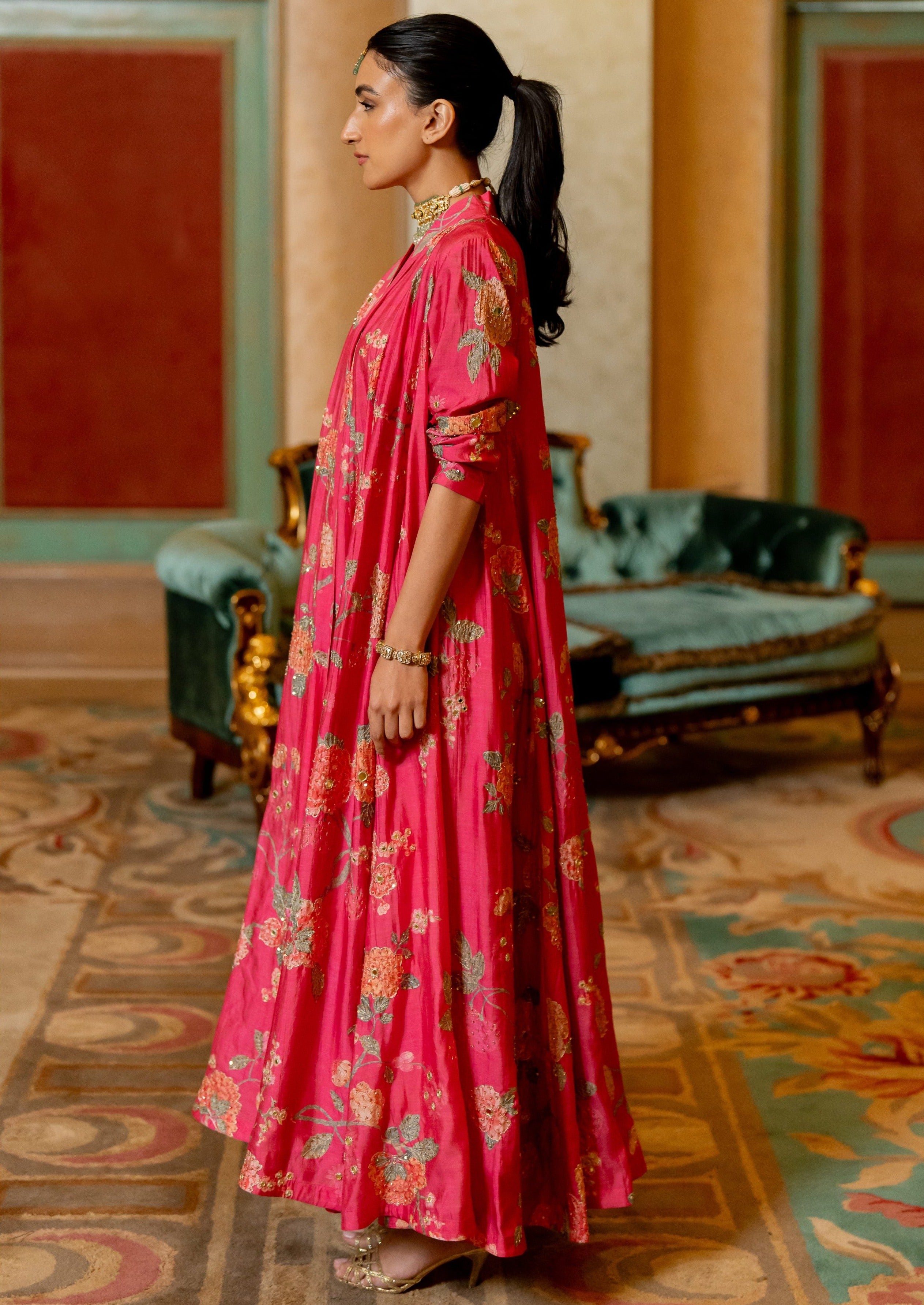 Blooming Pink Floral Printed Jacket and Knot Skirt Set