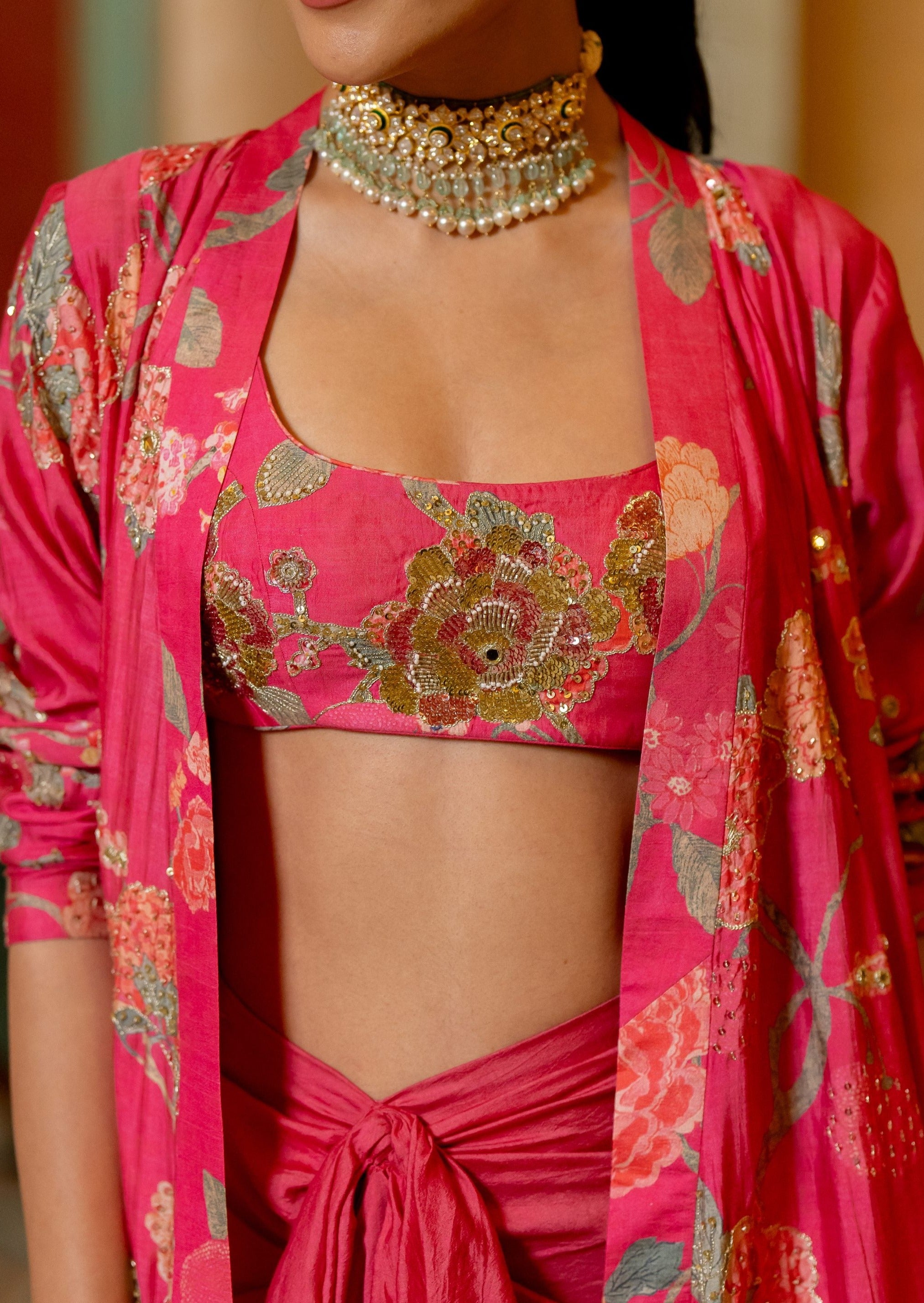 Blooming Pink Floral Printed Jacket and Knot Skirt Set