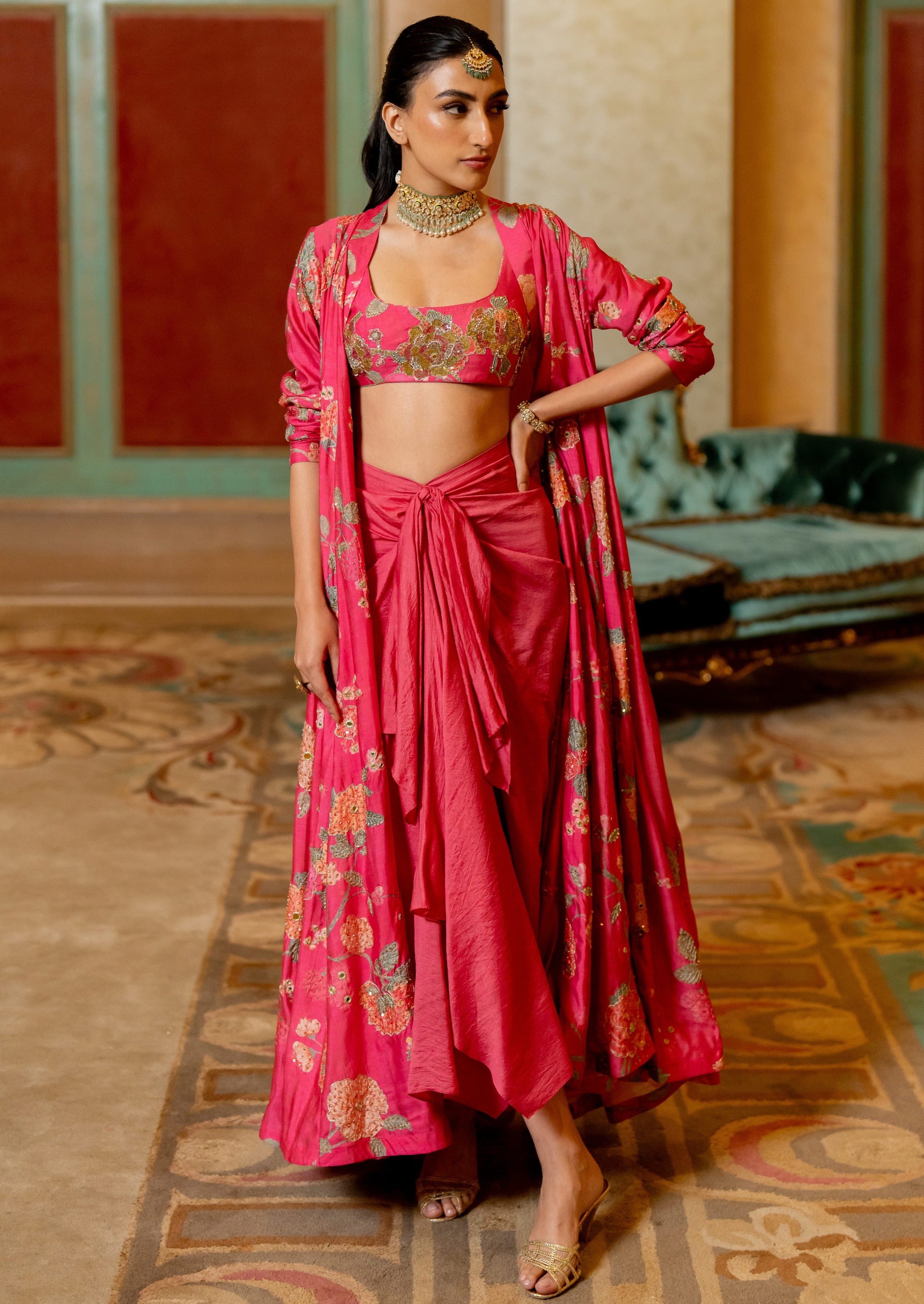 Blooming Pink Floral Printed Jacket and Knot Skirt Set