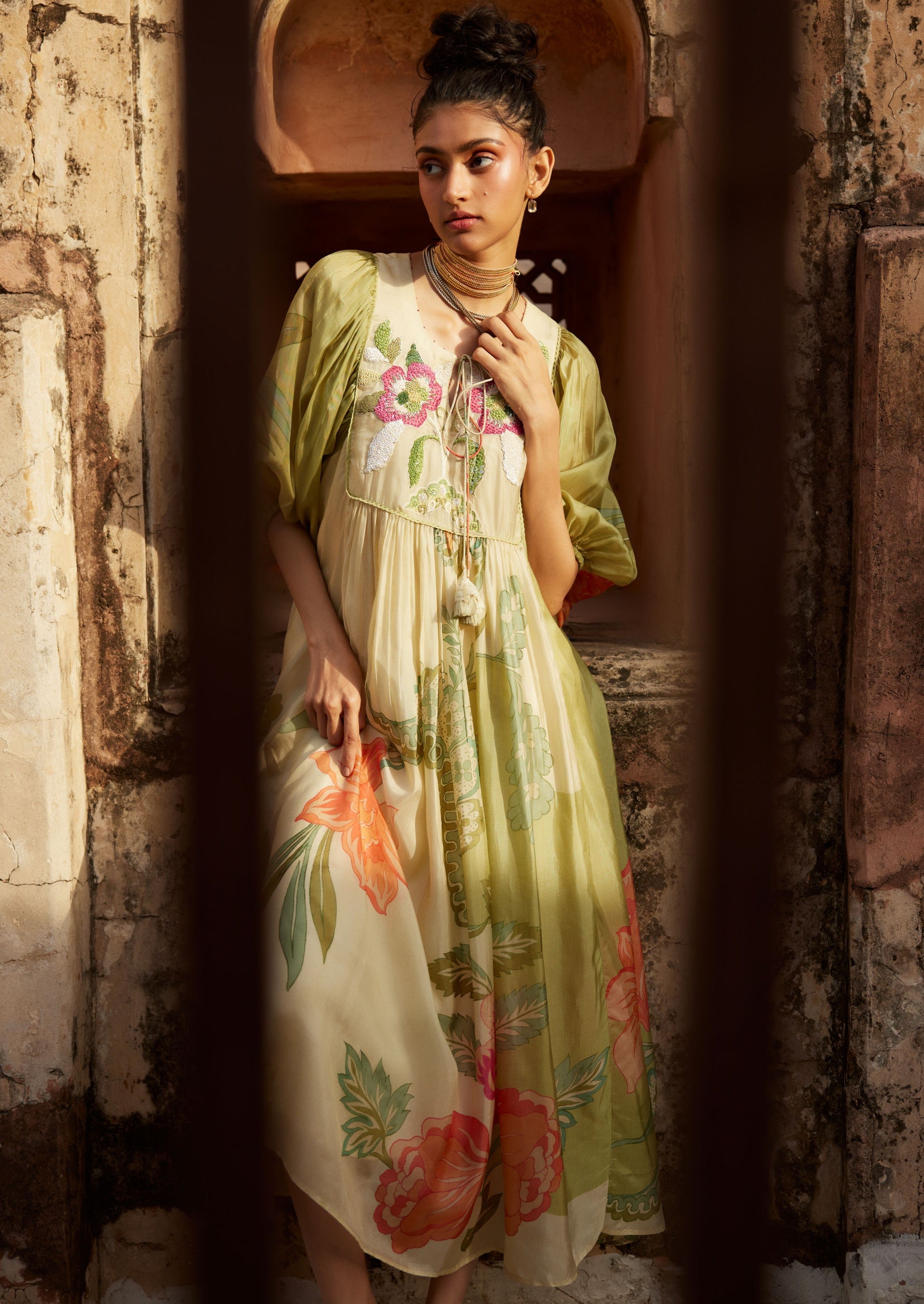 Ivory and Green Pastel Floral Print Maxi Dress