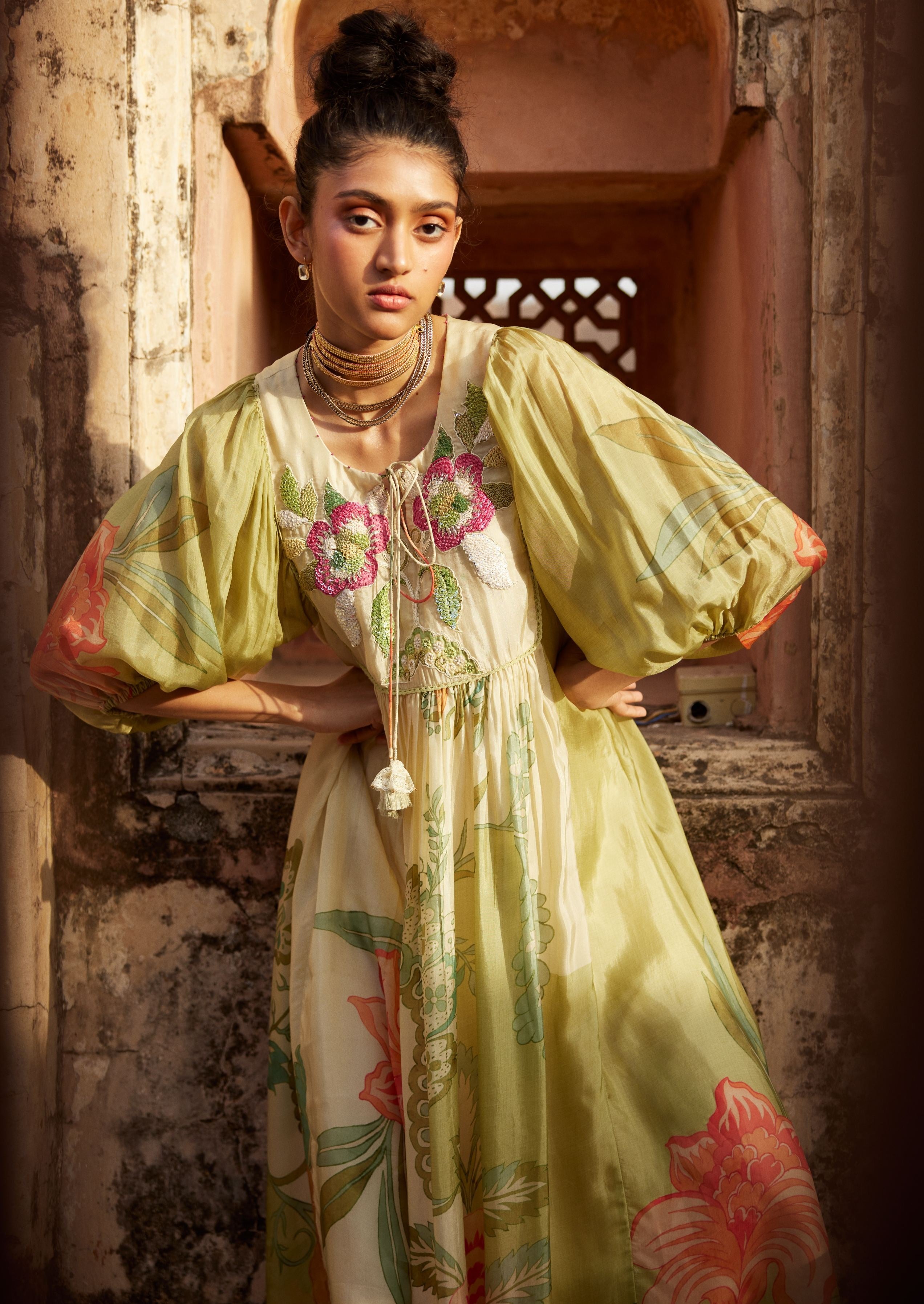 Ivory and Green Pastel Floral Print Maxi Dress