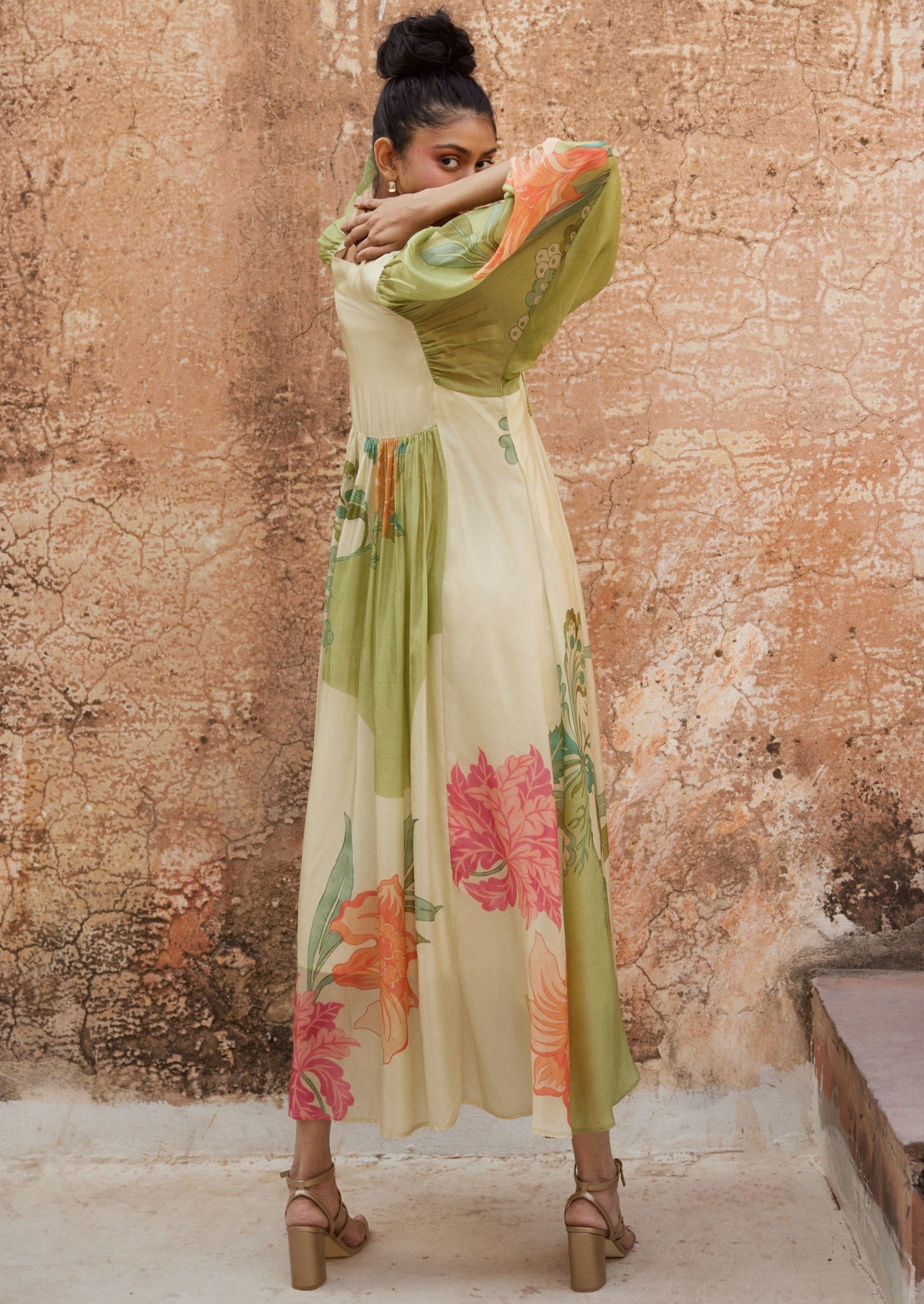 Ivory and Green Pastel Floral Print Maxi Dress
