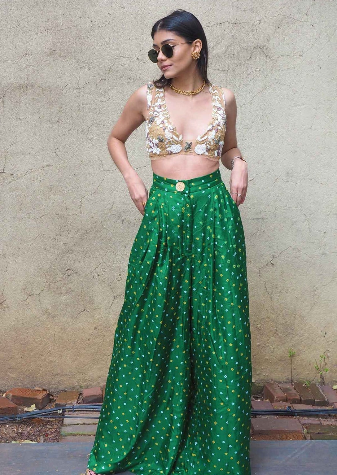 Emerald Bandhani Wide-Leg Trousers Set