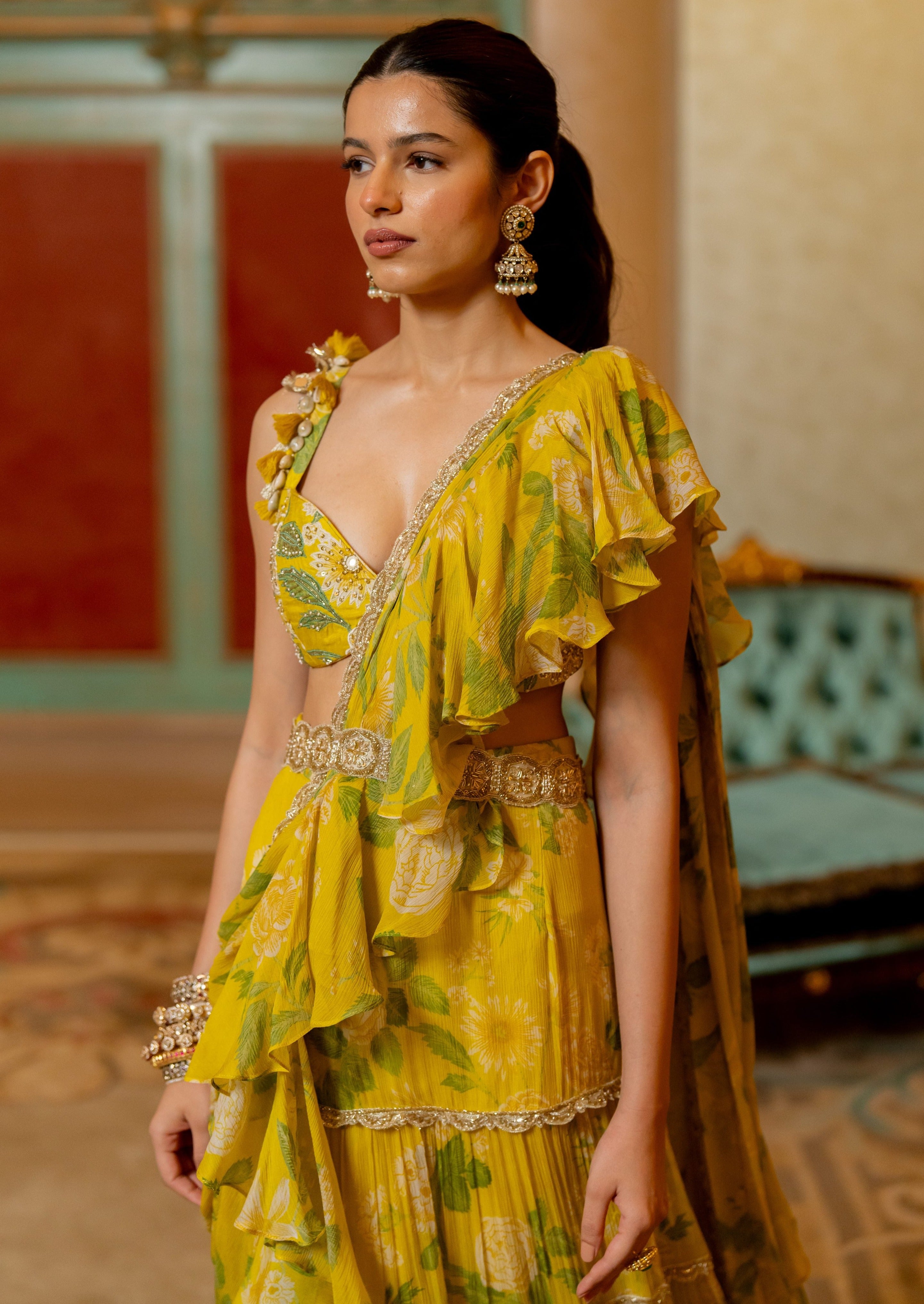 Lime Yellow Floral Printed Chiffon Sari Set
