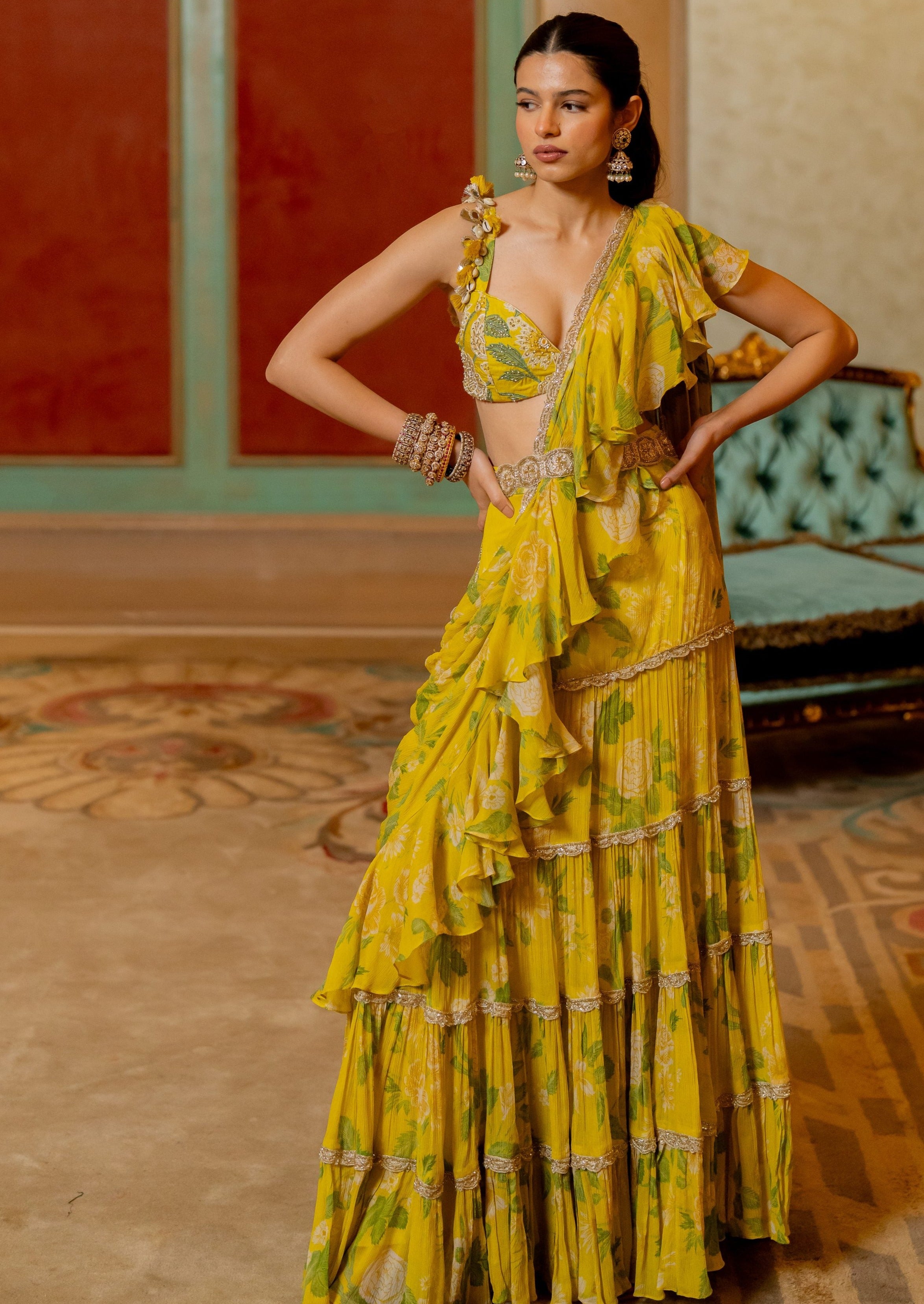 Lime Yellow Floral Printed Chiffon Sari Set