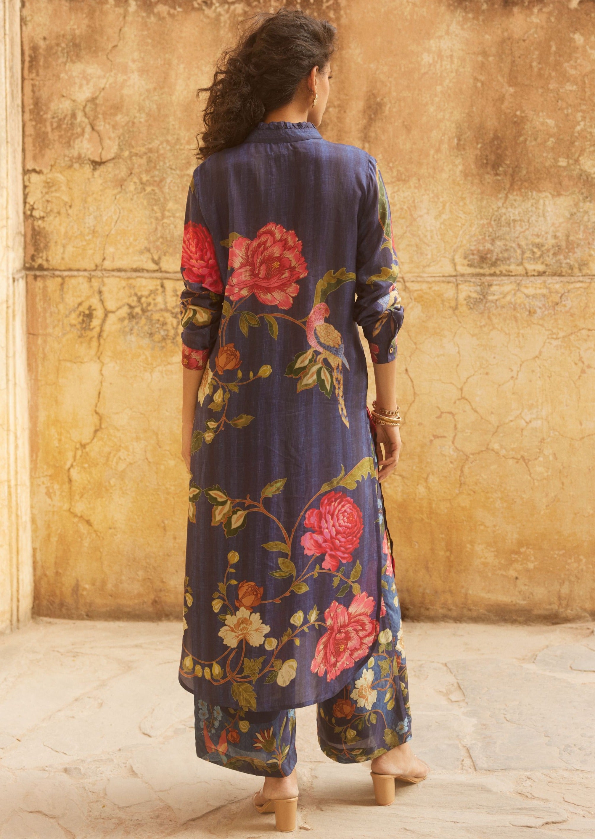 Blue Floral Print Long Kurta and Pant Set