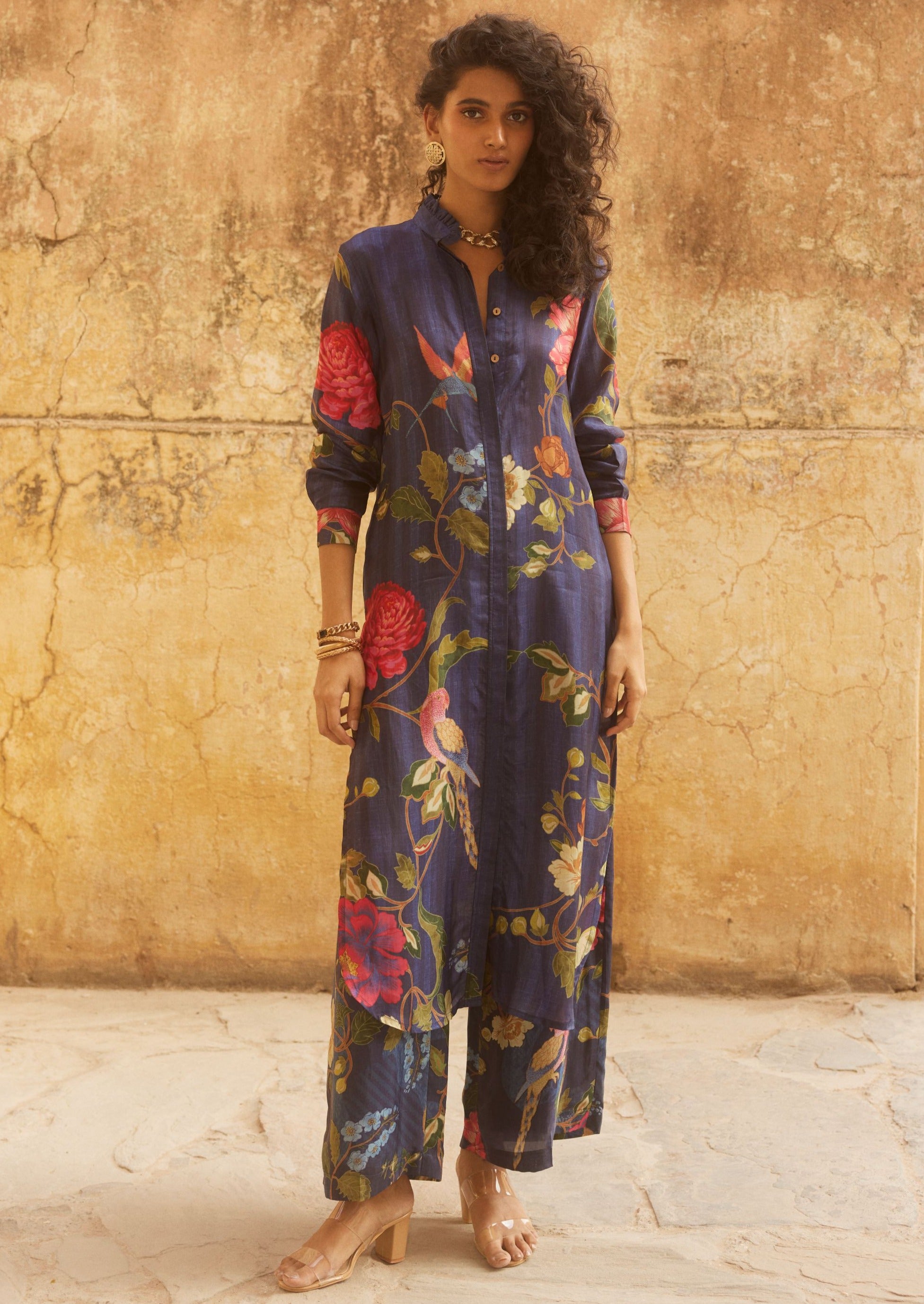 Blue Floral Print Long Kurta and Pant Set