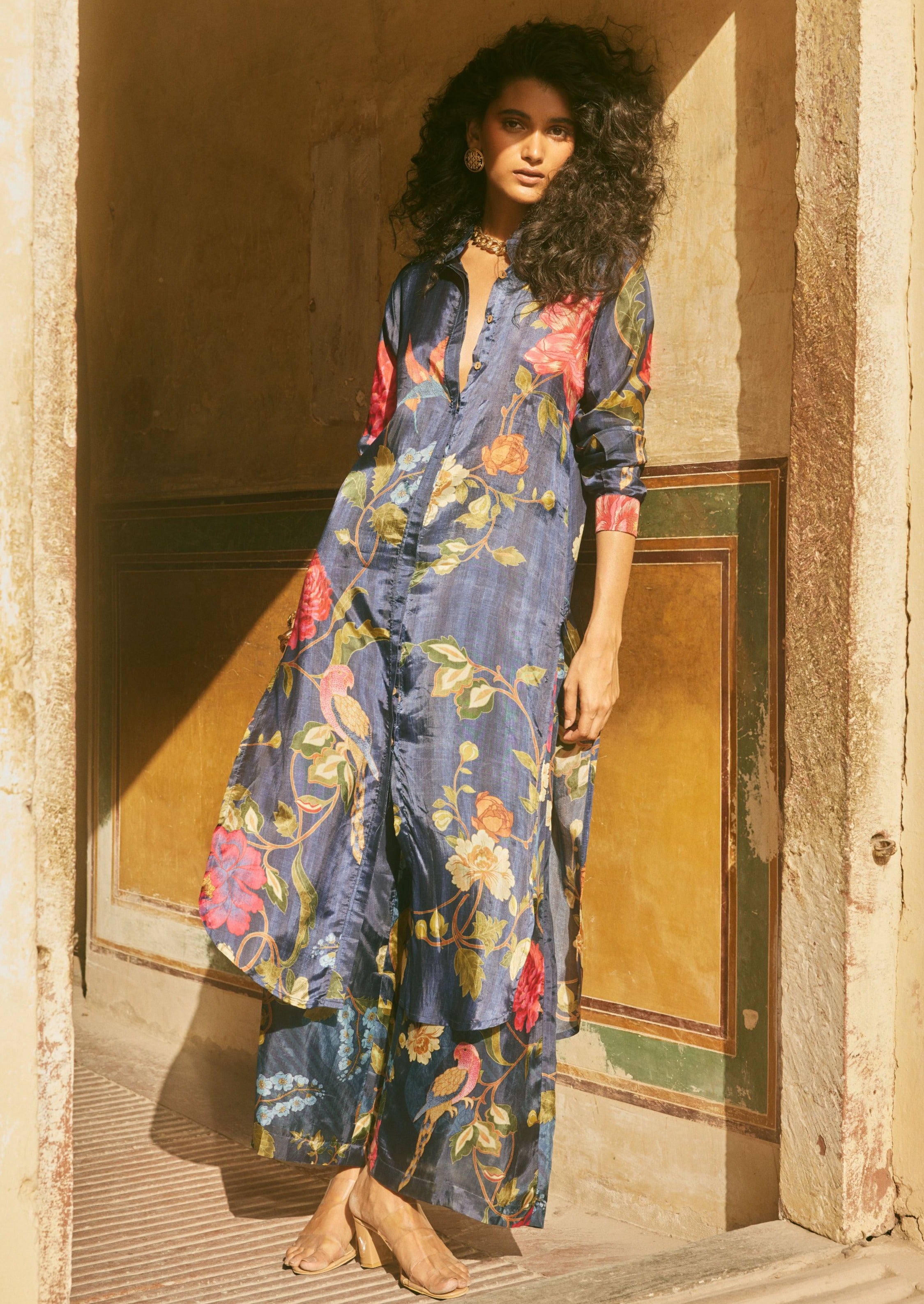 Blue Floral Print Long Kurta and Pant Set