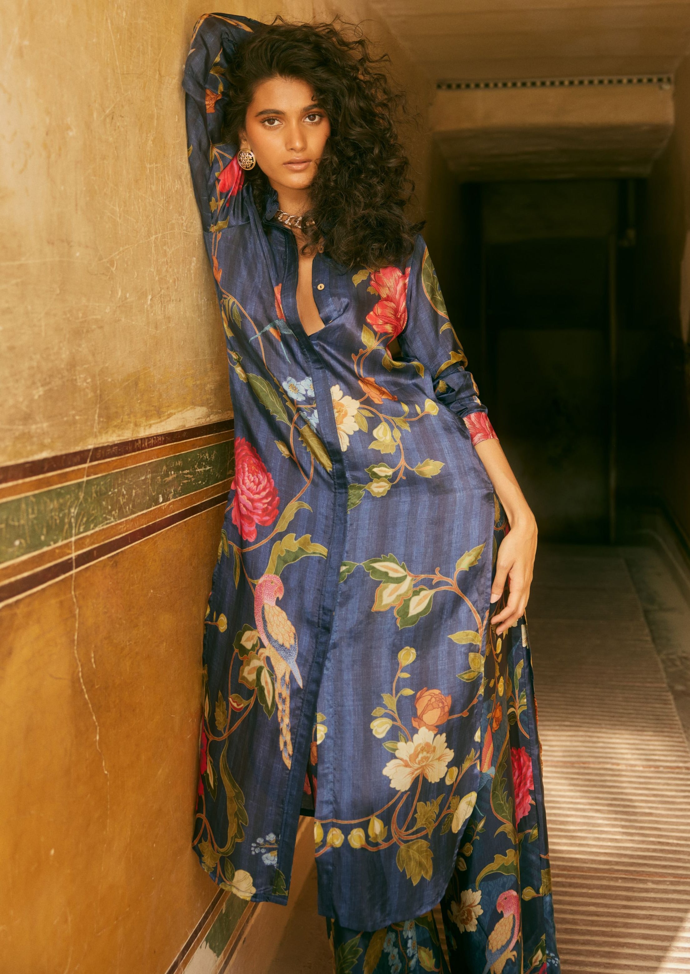 Blue Floral Print Long Kurta and Pant Set