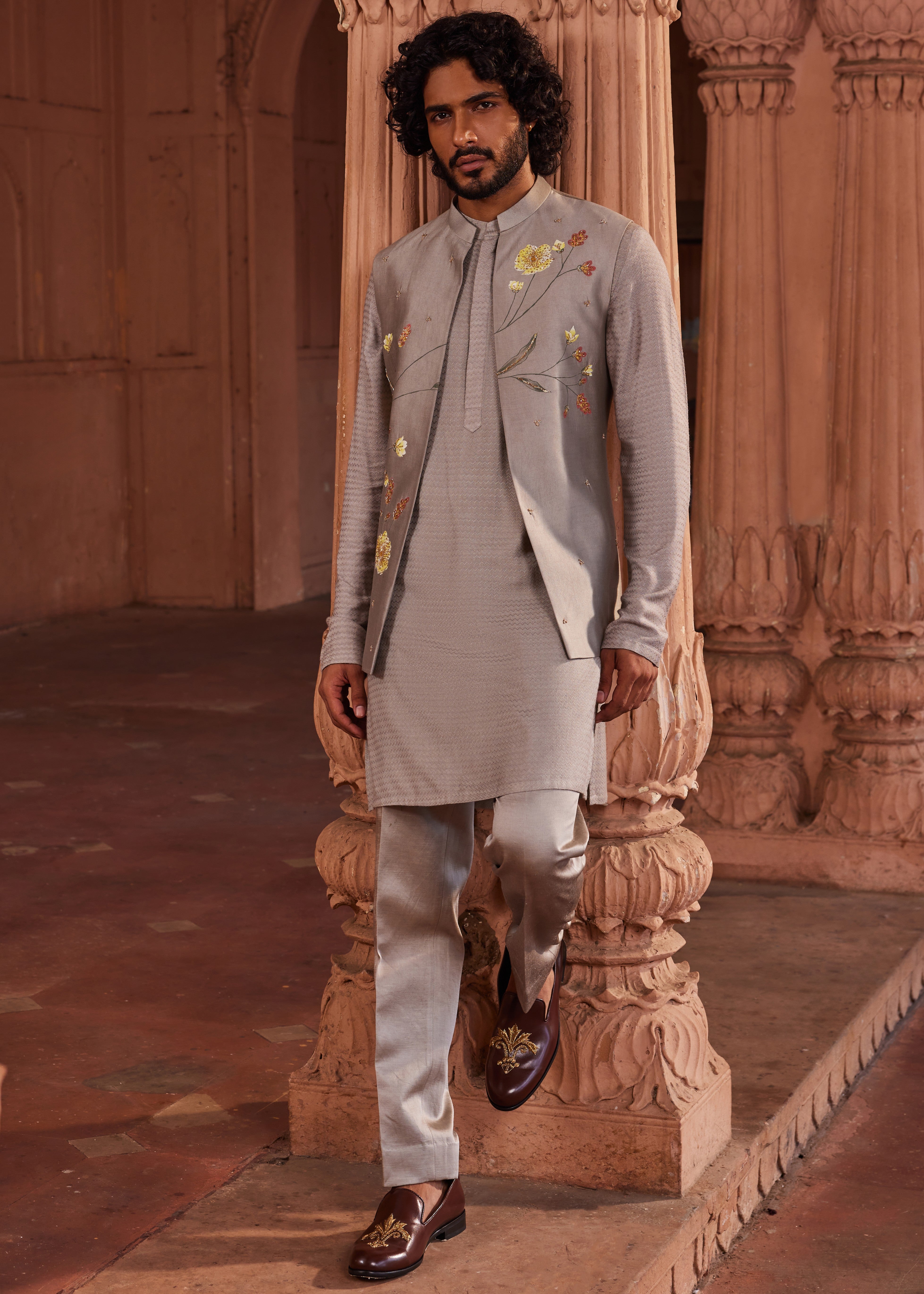 Dusty Olive Handpaint Nehru Jacket Set