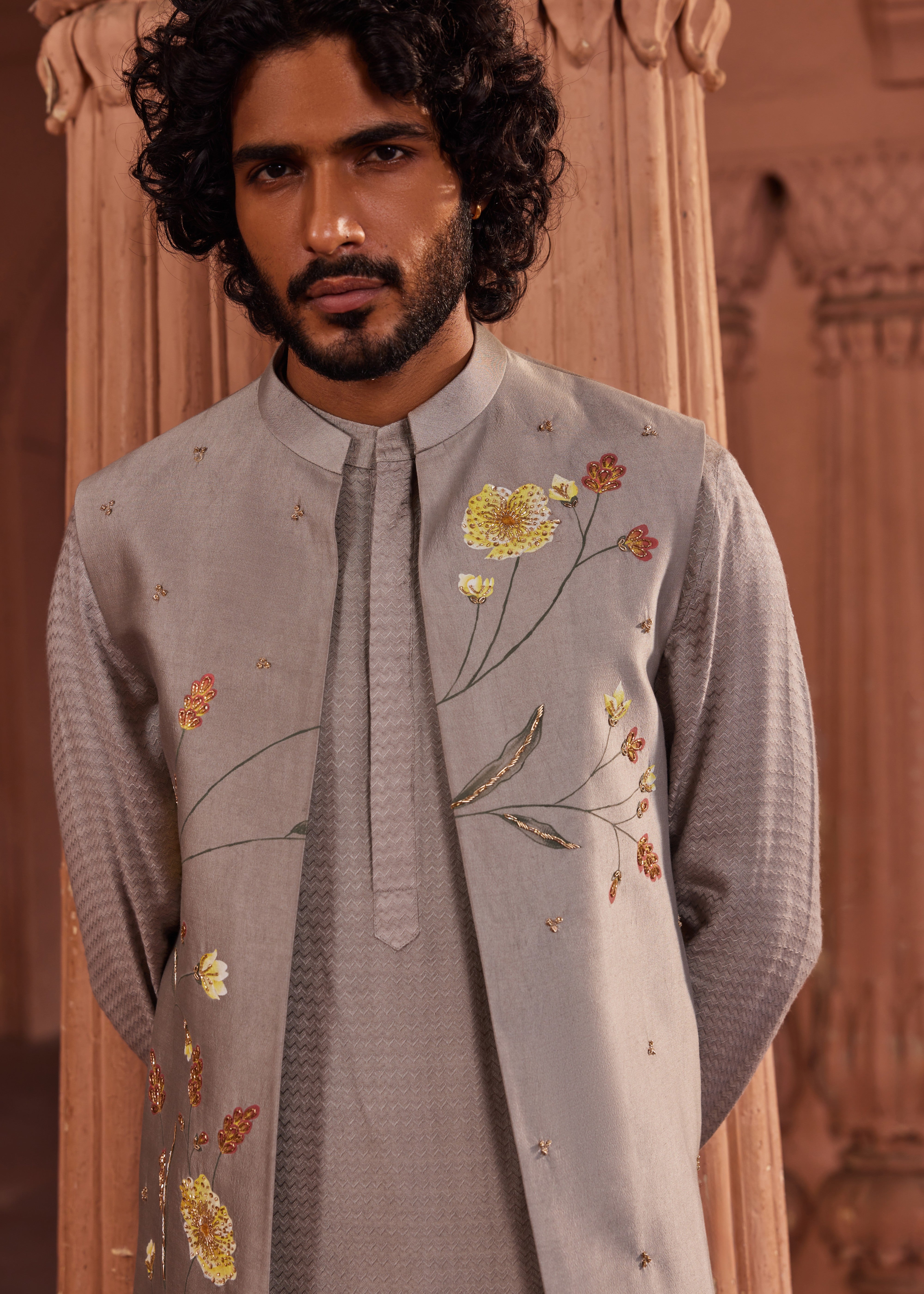 Dusty Olive Handpaint Nehru Jacket Set