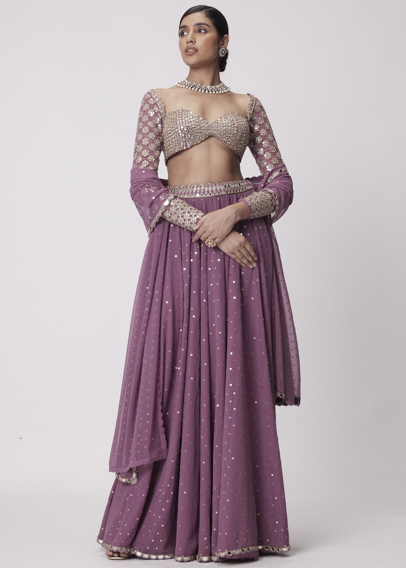 Mud Mauve Mirror Embroidered Lehenga Pants Set
